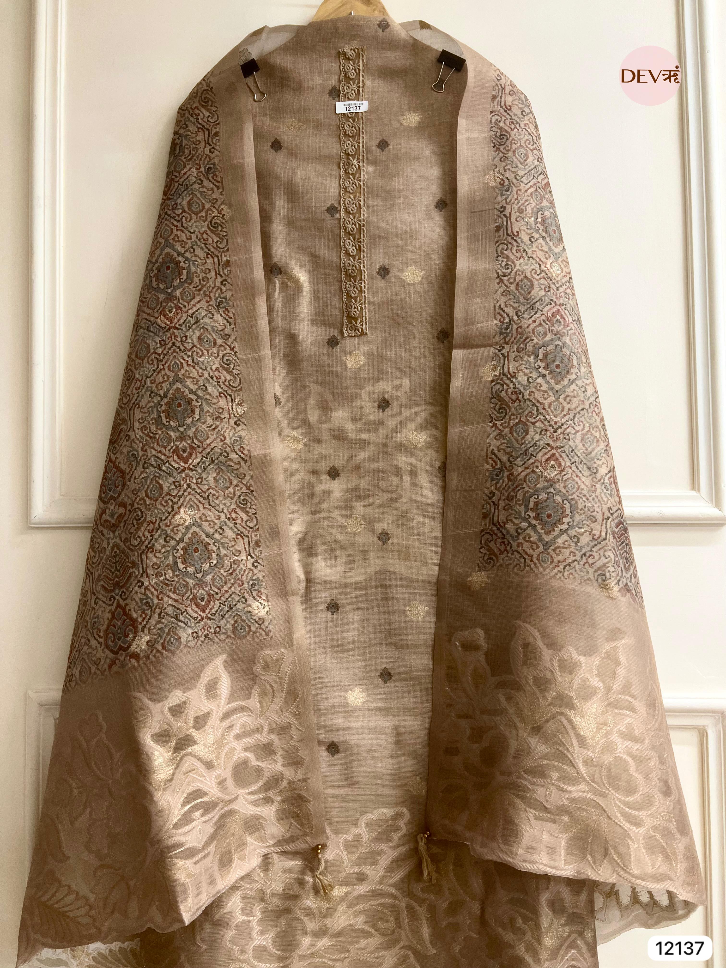 Beige Pure Jamdhani Silk Unstitched Woven Embroidered -Set Of 3 - {12137}