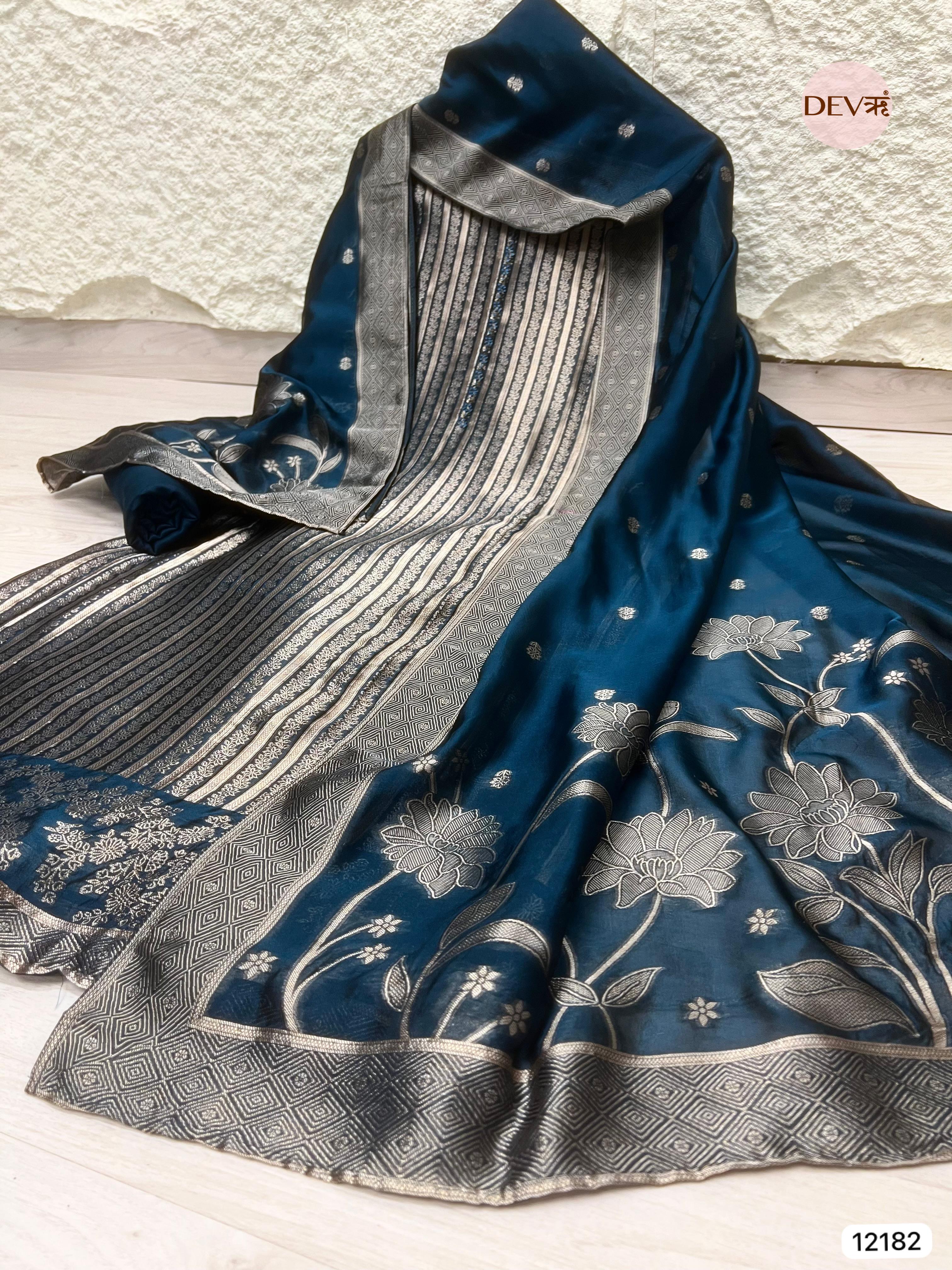 Blue Pure Banarasi Silk Unstitched Hand Embroidered-Set of 3 - {12182}