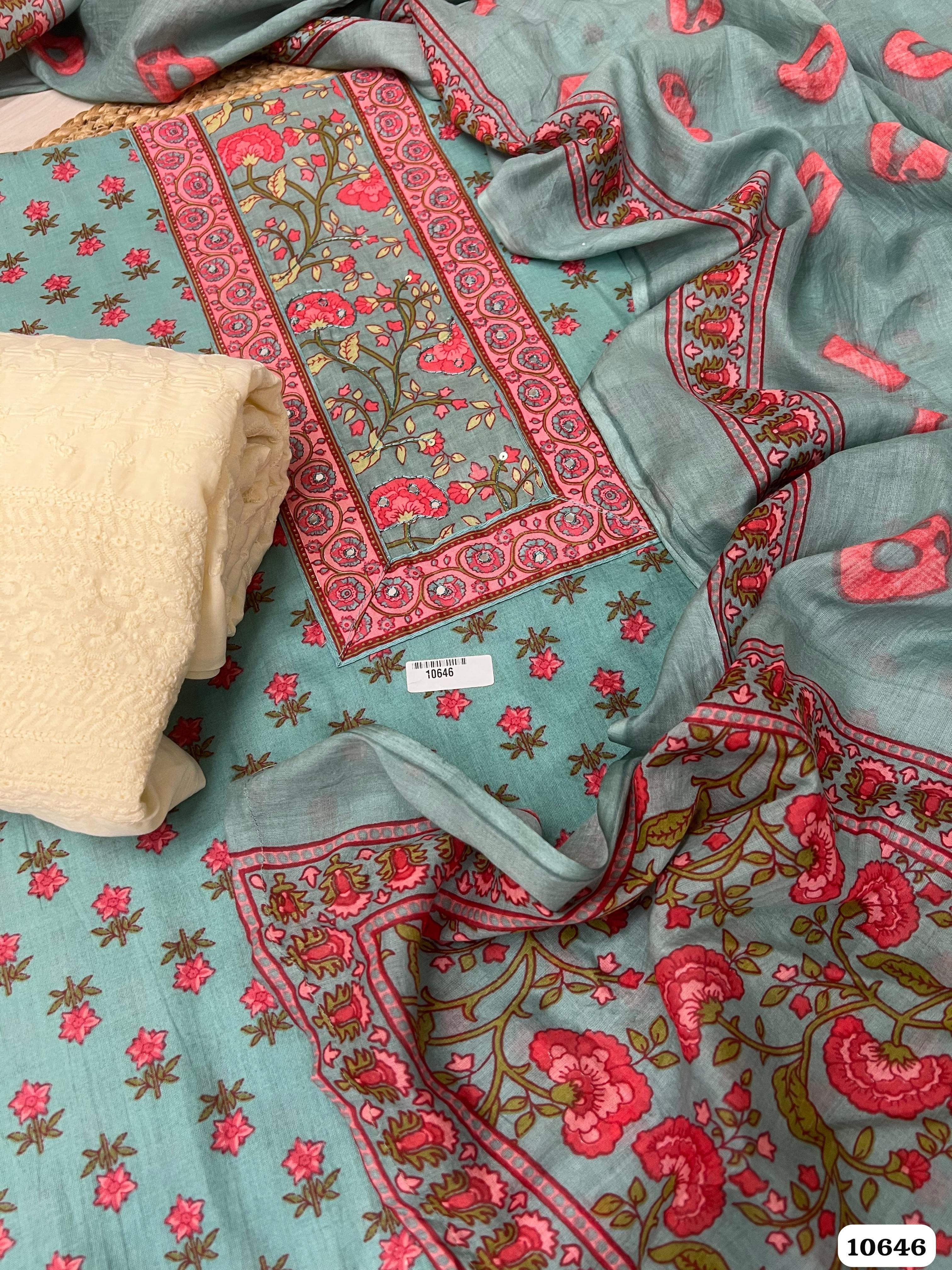 Green Cotton Unstitched Printed Hand Embidered -Set Of 3