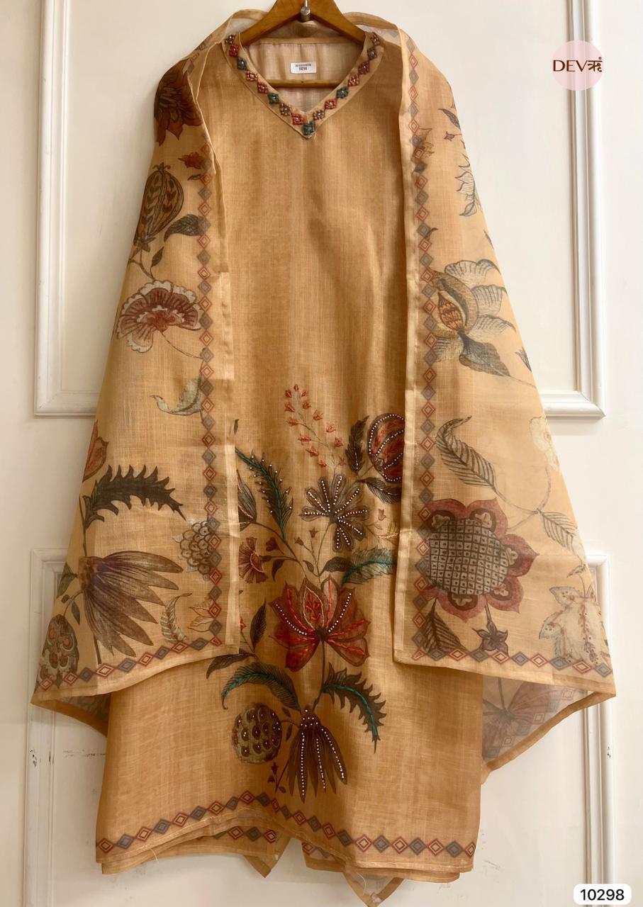 Warm Beige Linen Embroidered Unstitched 3-Piece Suit (Devri – D.No 10298)
