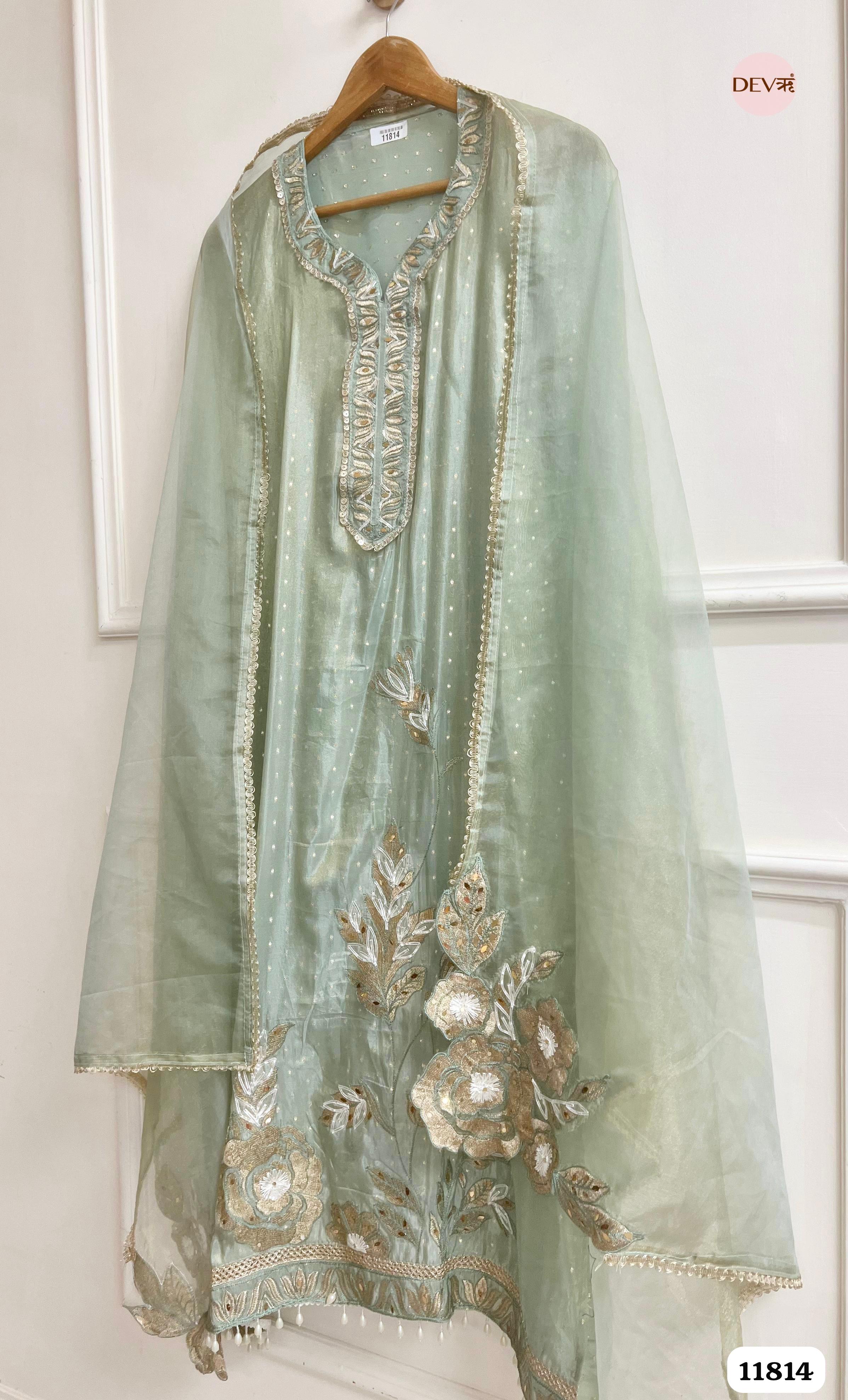Green Tissue Silk Unstitched Embroidered -Set Of 3 {11814}