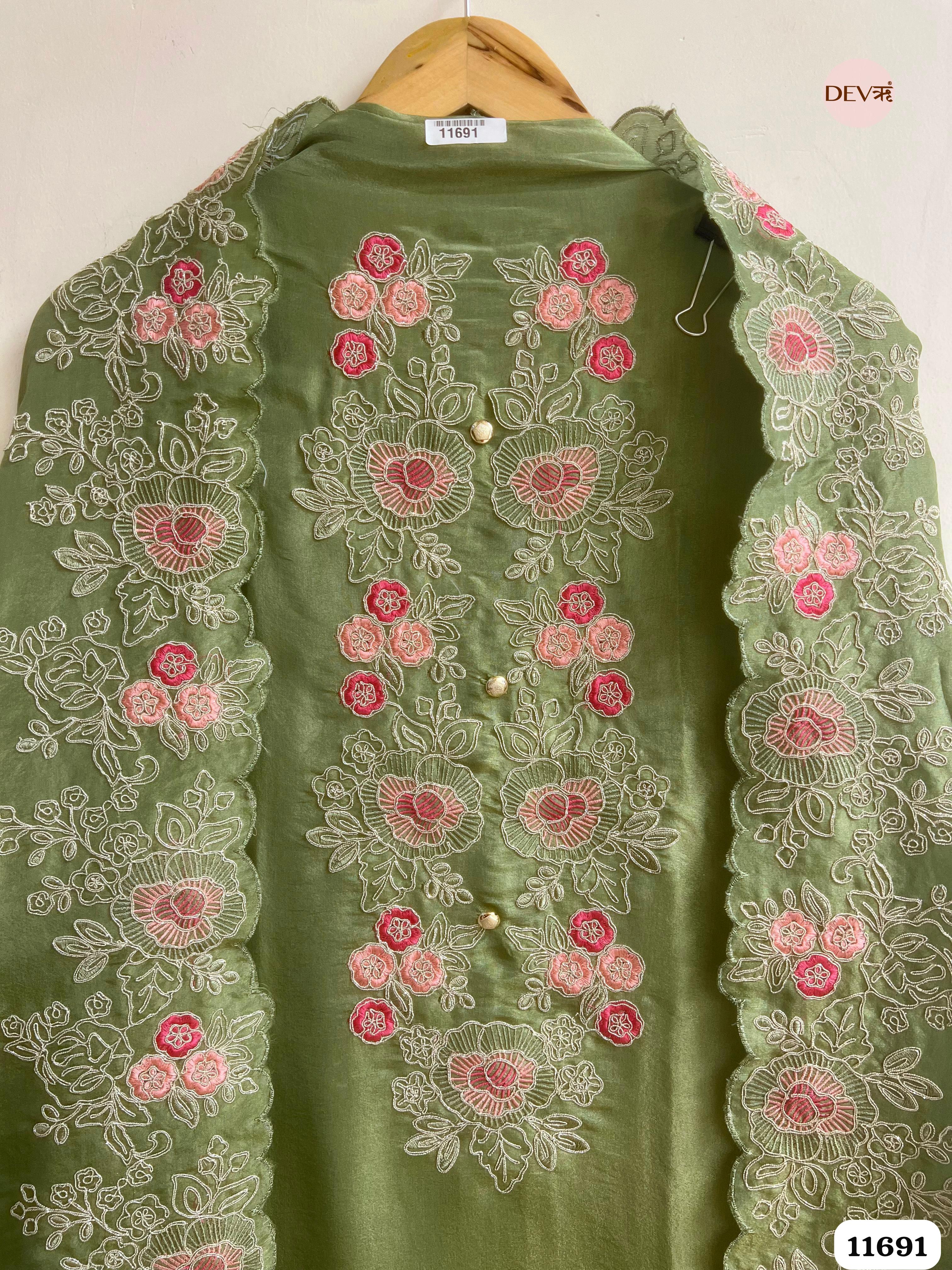 Green Tissue Silk Unstitched Embroidered -Set Of 3 {11691}
