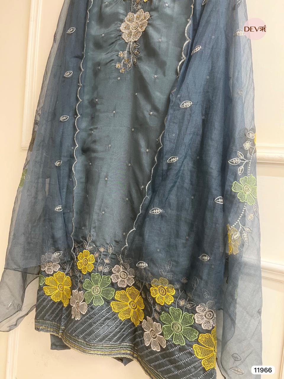 Blue Tissue Shimmer Silk Unstitched Embroidered -Set Of 3 - {11966}