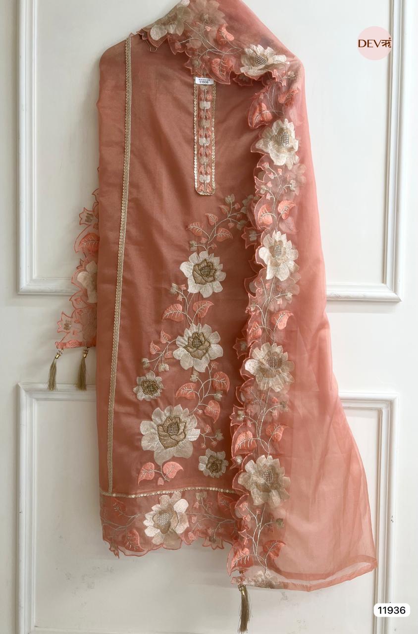 Orange Tissue Silk Unstitched Embroidered -Set Of 3- {11936}
