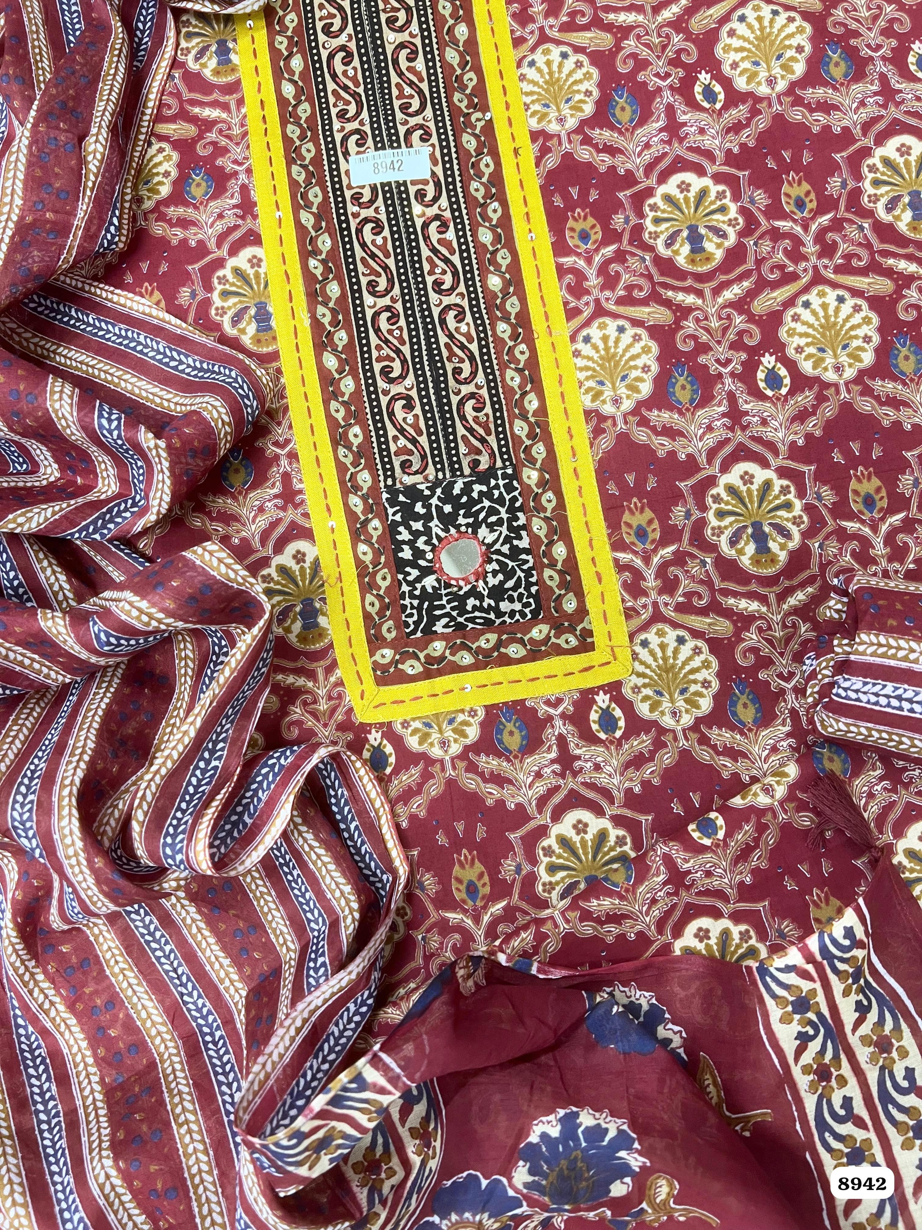 Maroon Cotton Printed Unstitched Hand Embroidered -Set Of 3 {8942}