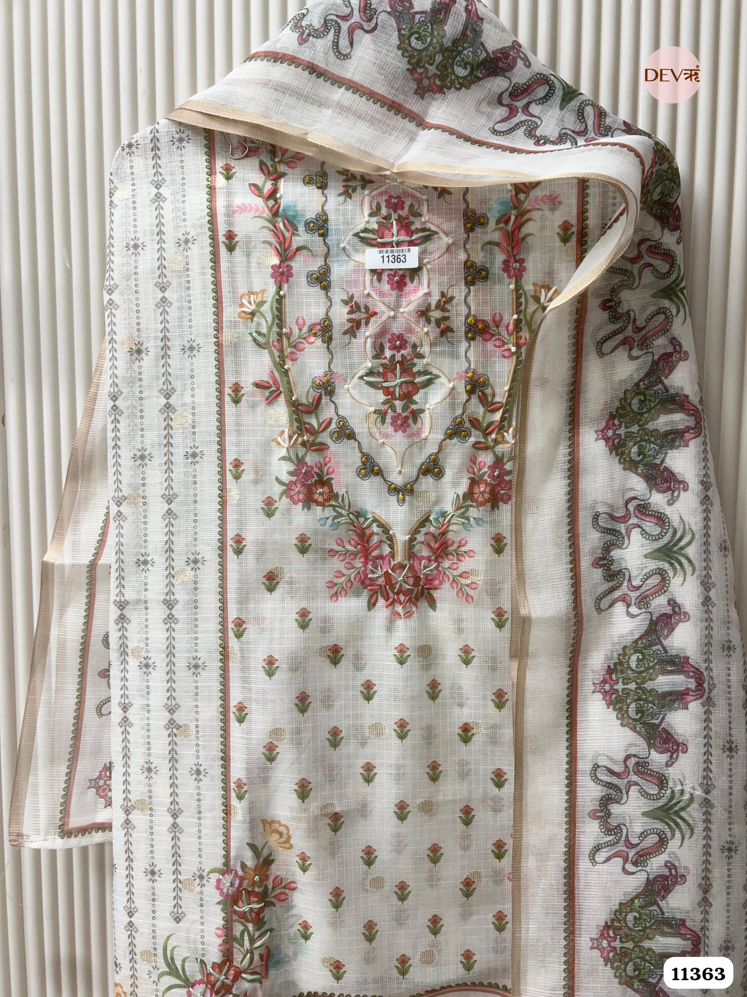 Off-White Or Cream Kota Silk Printed woven Unstitched Hand Embroidered -Set Of 3 {11363}
