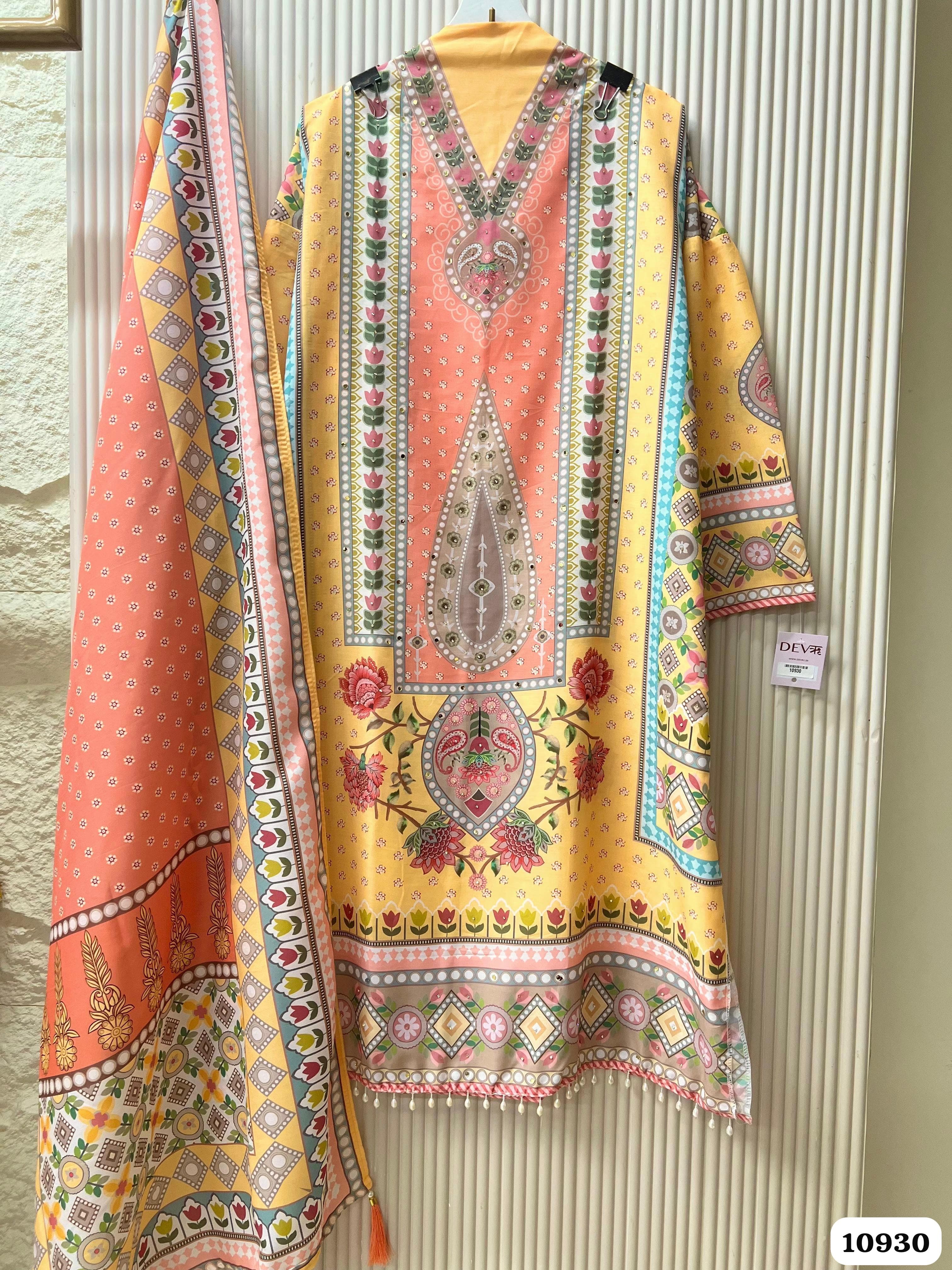 Yellow/Pink Semi Stitched Printed -Set Of 3 {10930}