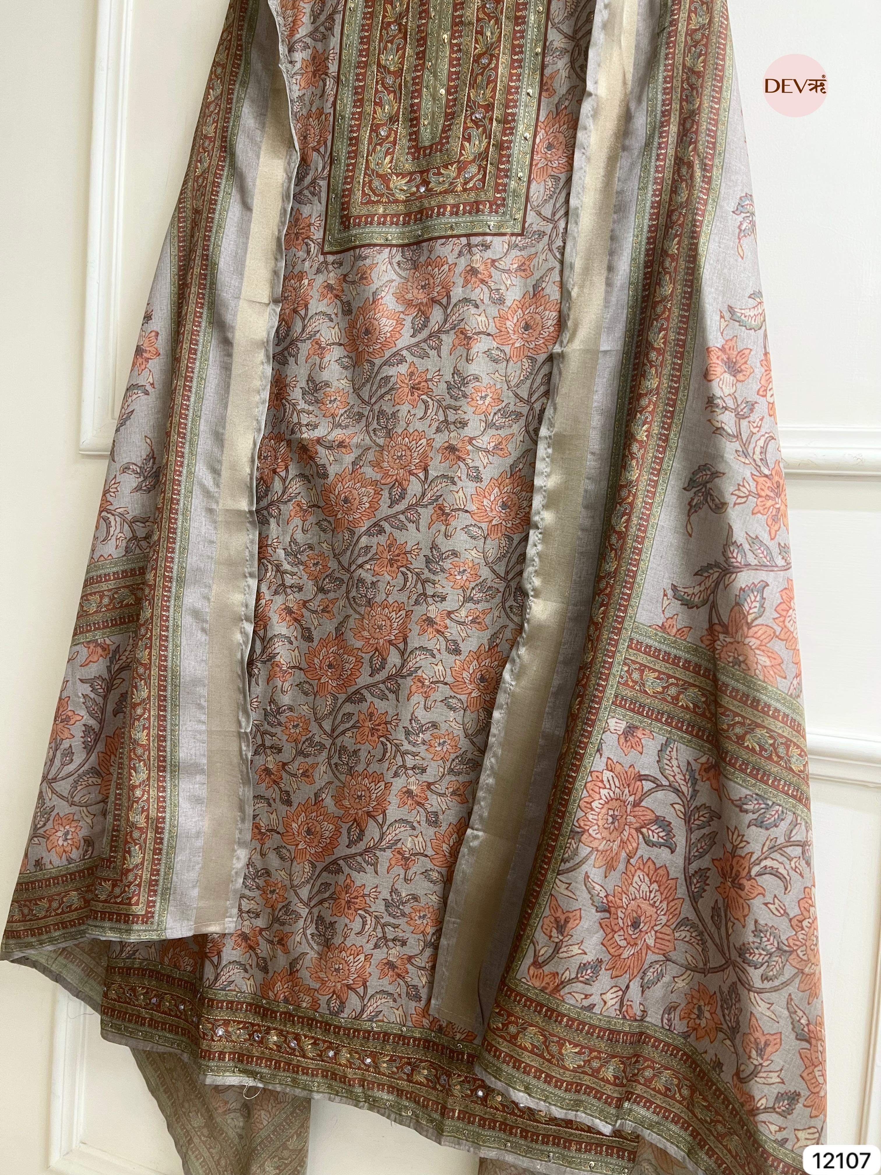 Grey Tusser Khadi Silk Printed Unstitched Hand Embroidered -Set Of 3 - {12107}