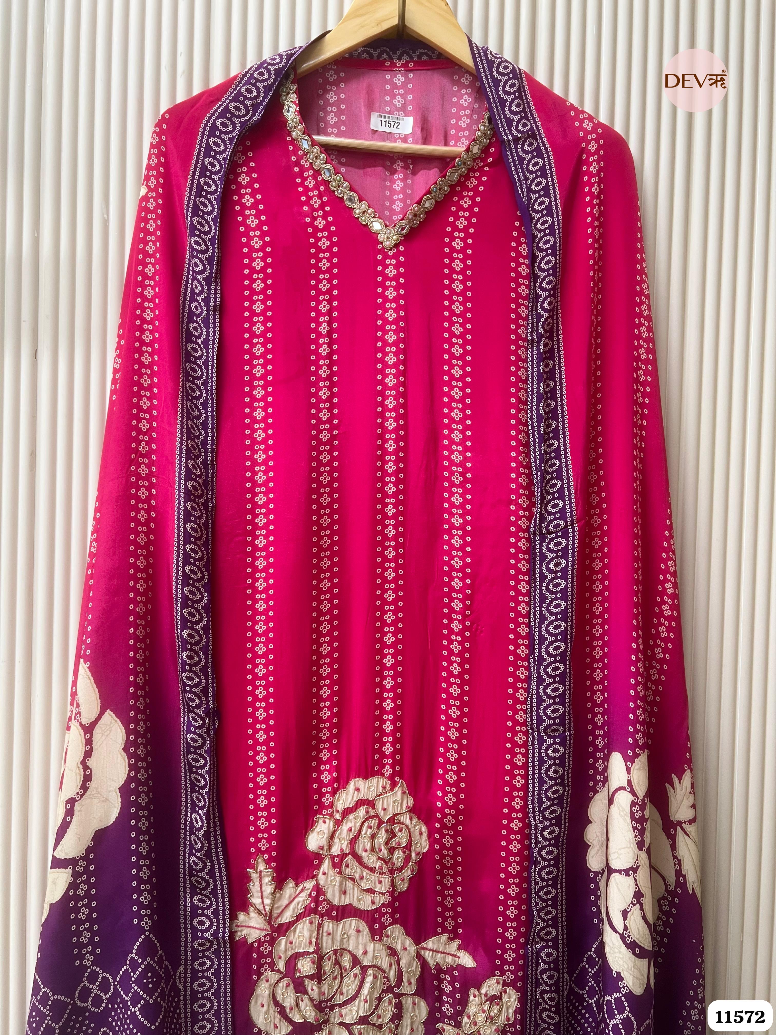 Pink Pure Russian Silk Printed Hand Embroidered -Set Of 3 {11572}