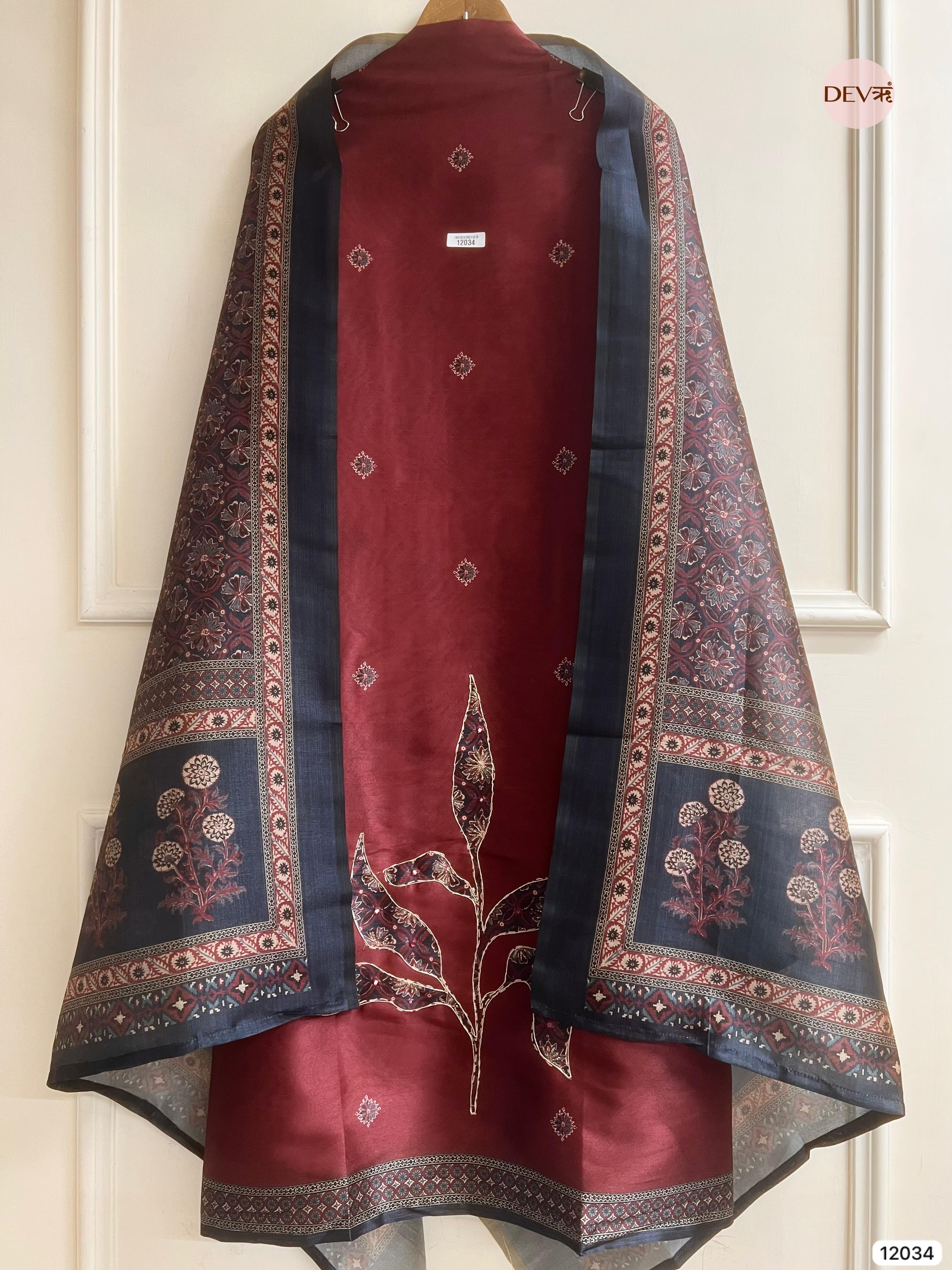 Maroon Raw Silk Unstitched Hand Applique Work Embroidered -Set Of 3 - {12034}