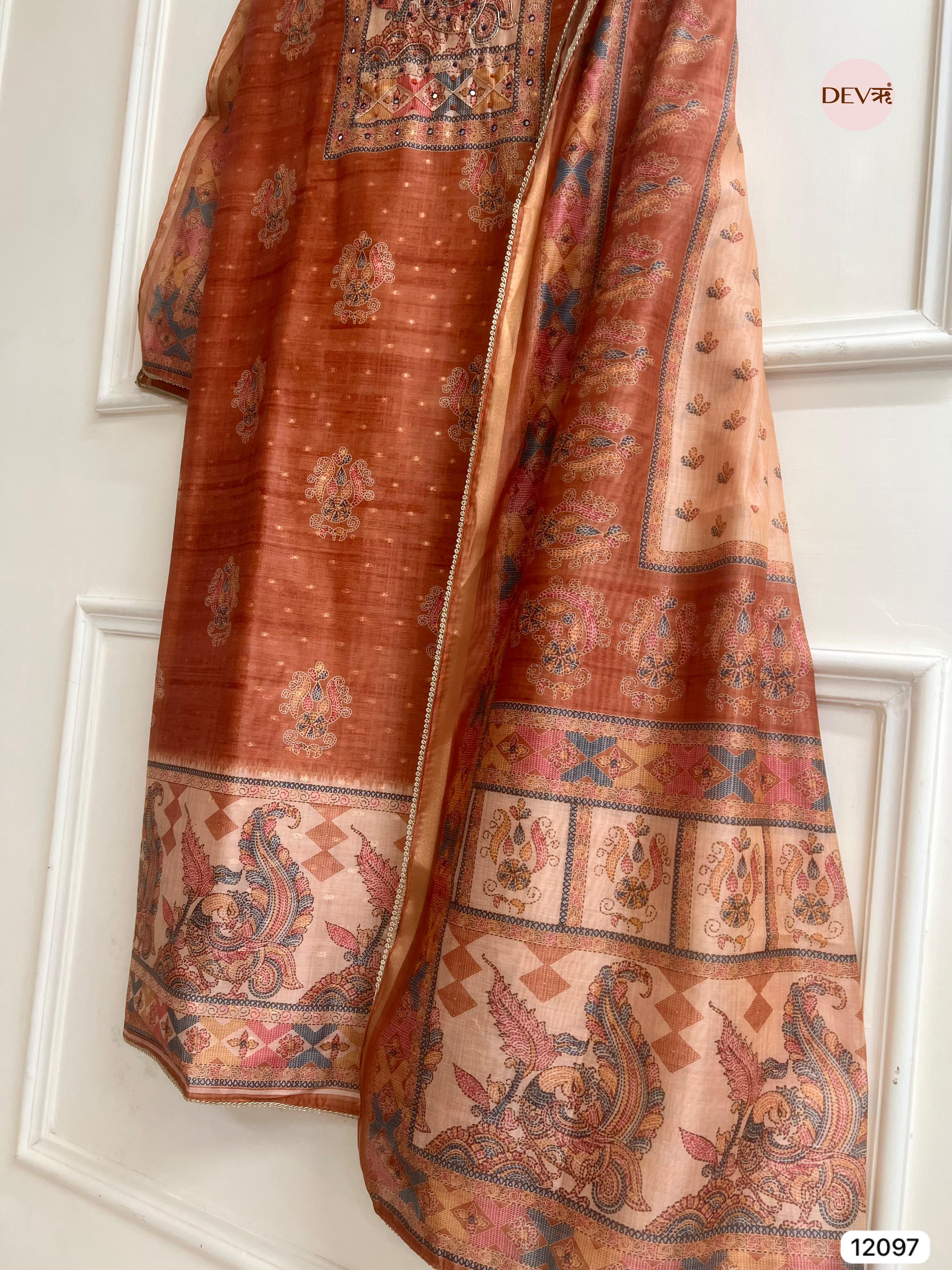 Rust Tisser Khadi Silk Printed Unstitched Hand Embroidered -Set Of 3 - {12097}