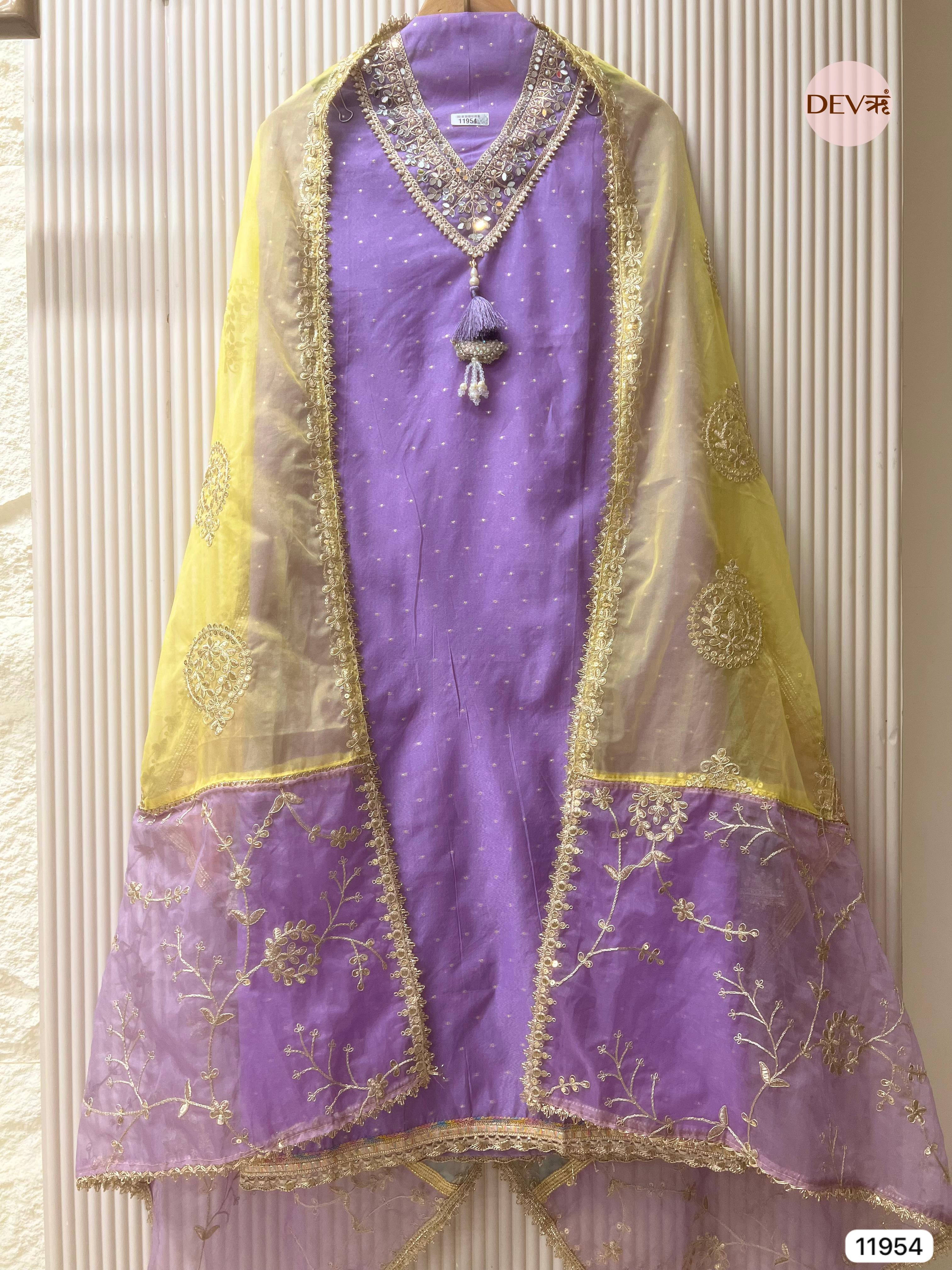 Purple Pure Shimmer Tissue Silk Unstitched Hand Embroidered -Set Of 3 - {11954}