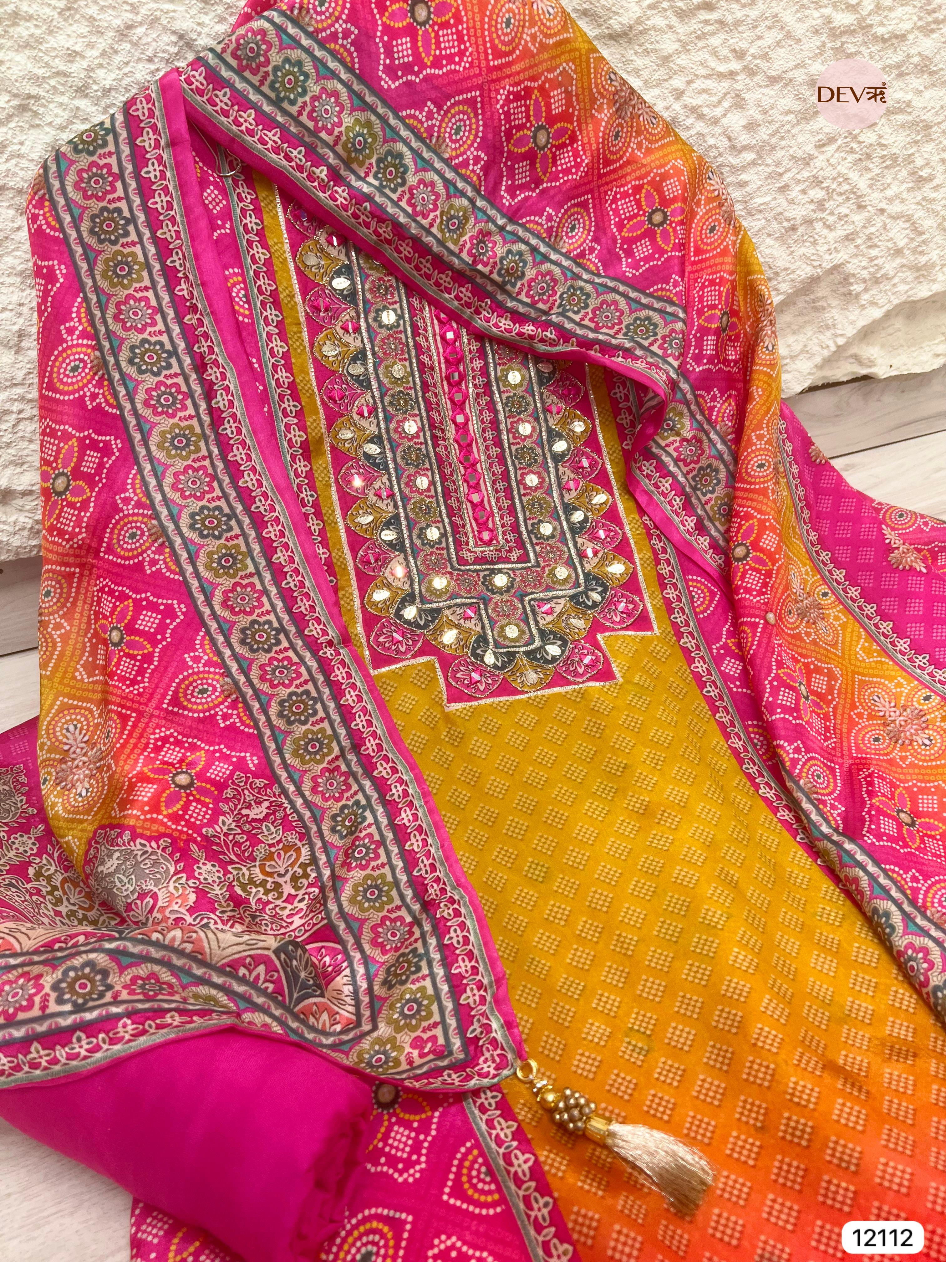 Pink / yellow Pure Organza Silk Unstitched Printed -Set Of 3 - {12112}