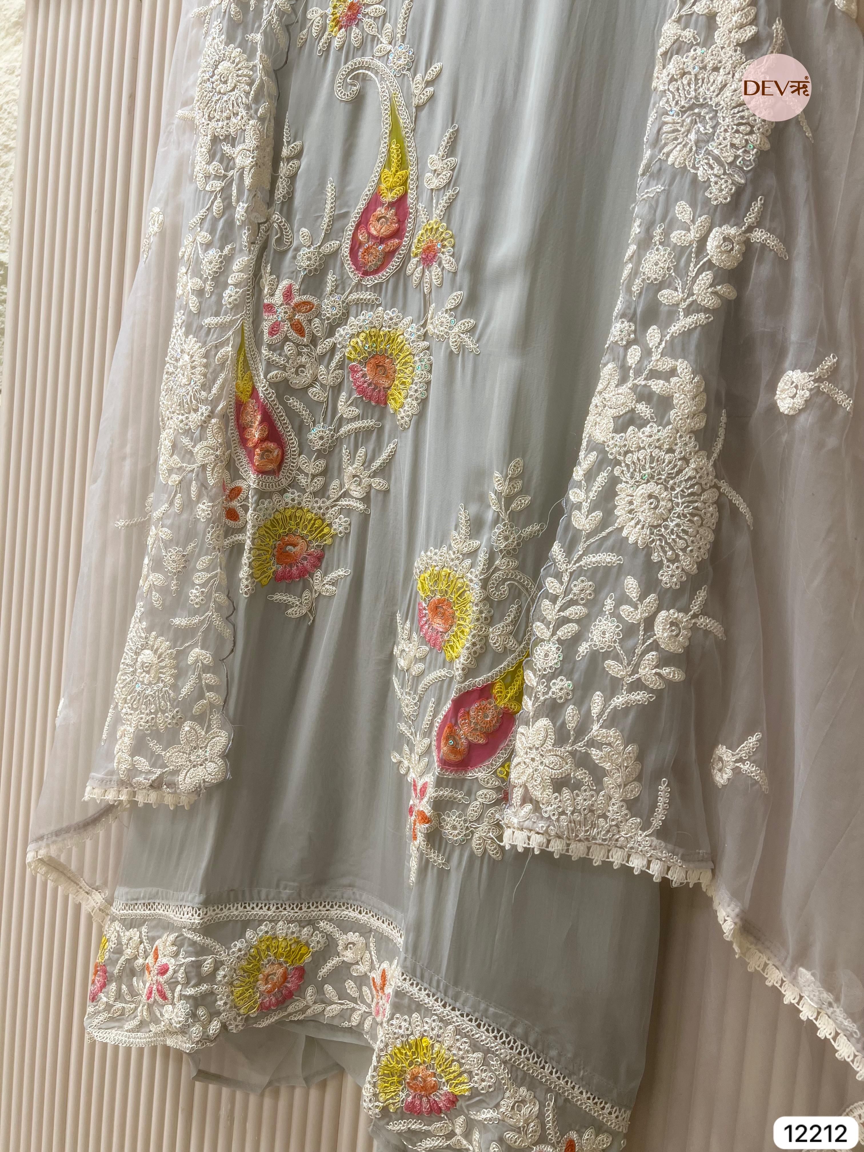 Gulbahar Soft Organza Thread-Embroidered 3-Piece Set (Devri – D.No 12212)