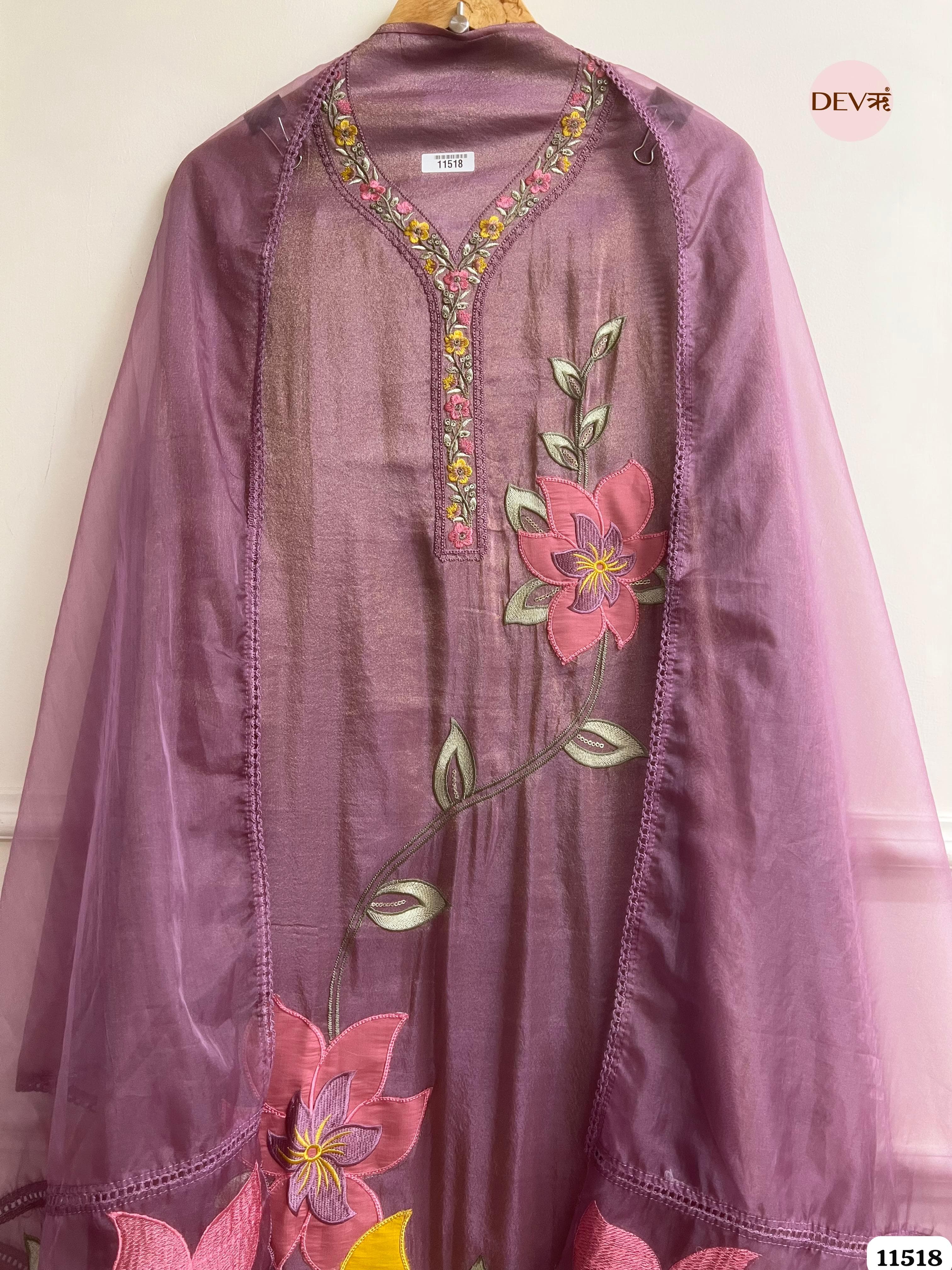 Lavender Or Light Purple Tissue Silk Unstitched Embroidered -Set Of 3