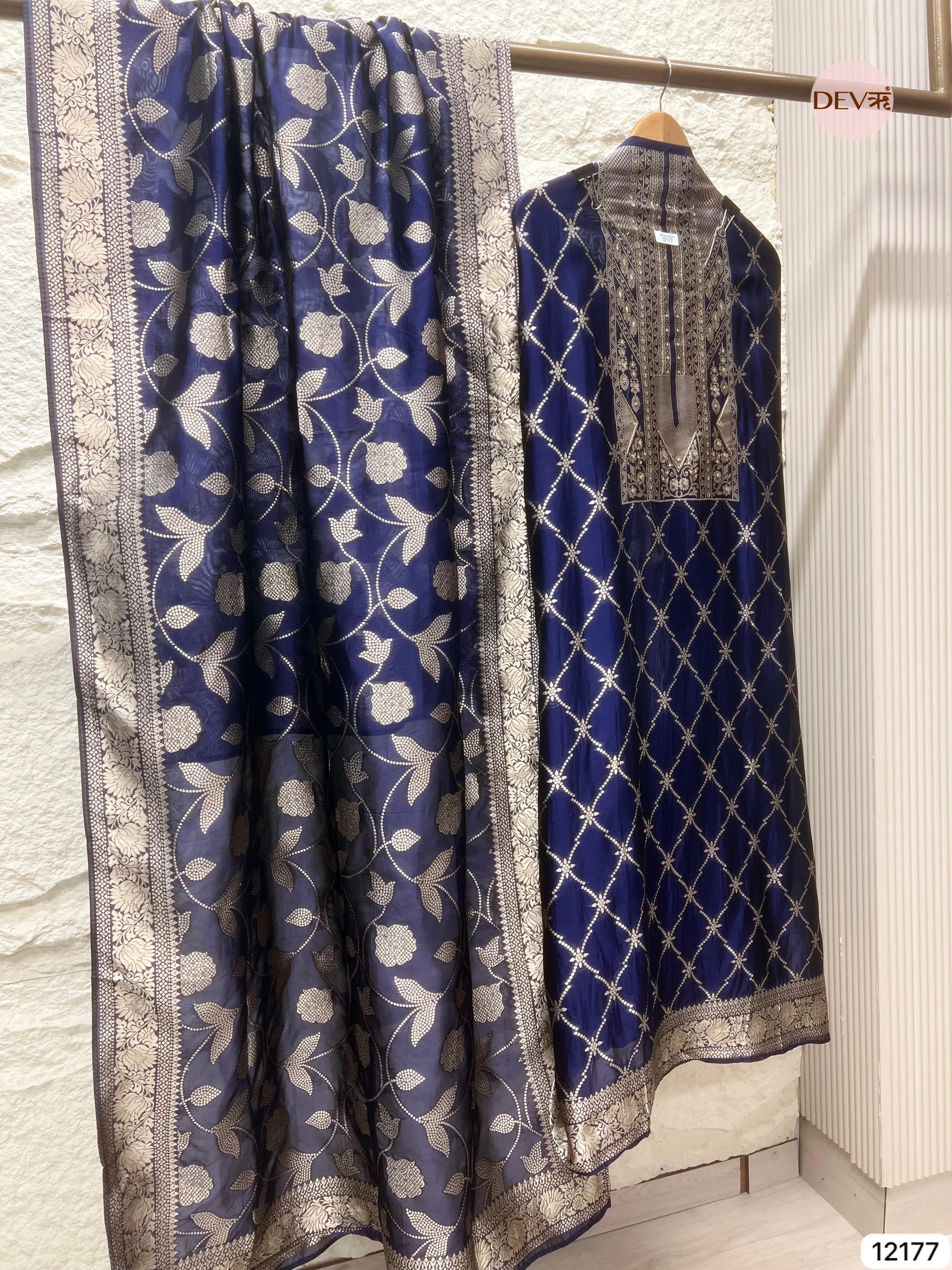 Blue Pure Banarasi Silk Unstitched Hand embroidered- Set of 3 - {12177}