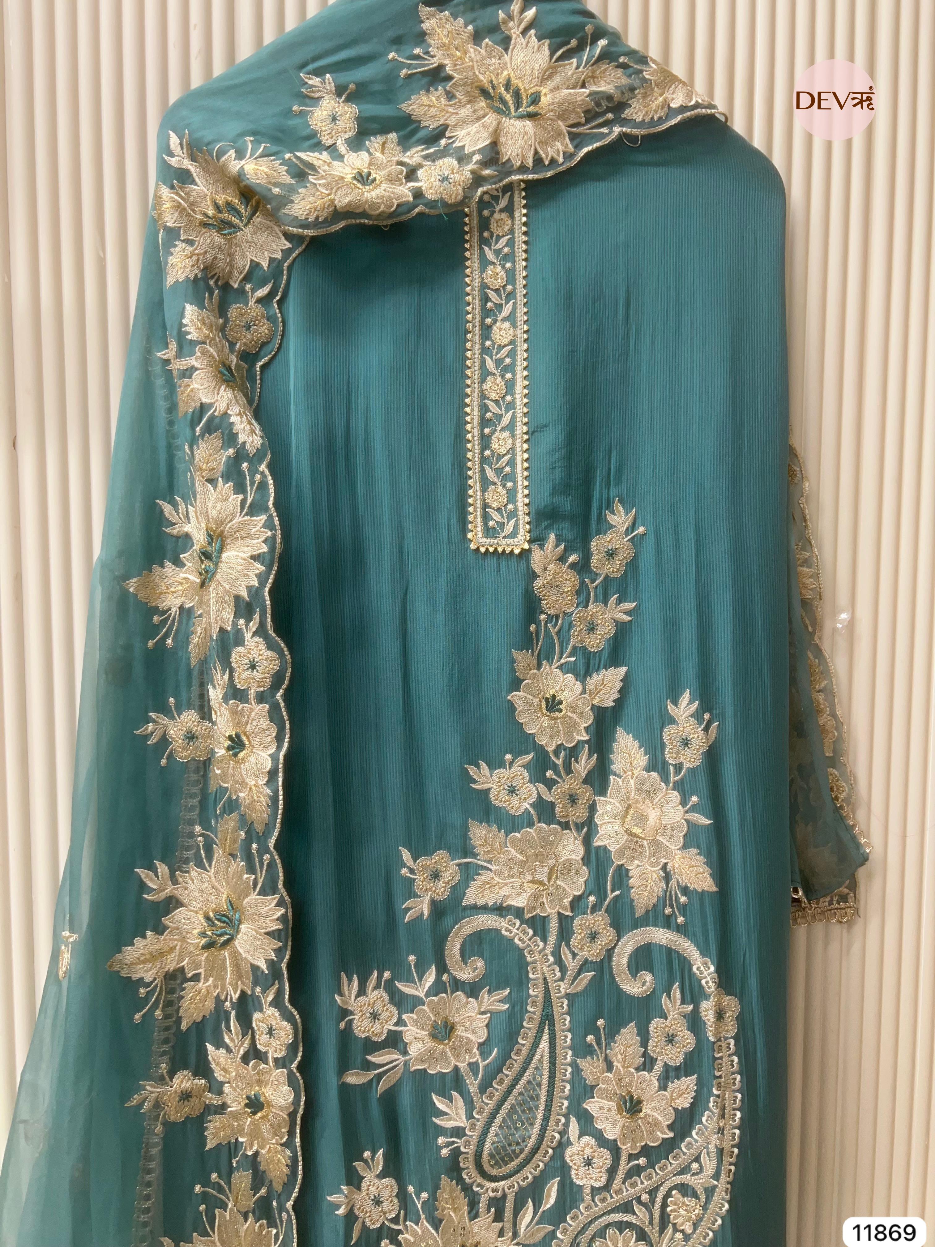 Firozi Blue Tissues Silk Unstitched Embroidered -Set Of 3 - {11869}