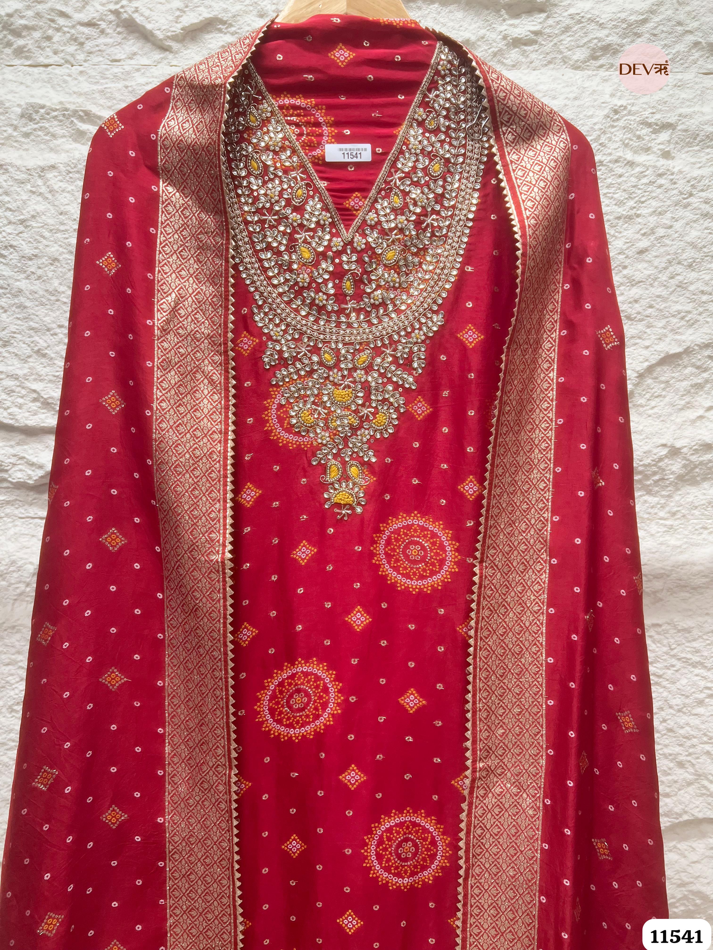Red Pure Russian Silk Banarasi Woven Unstitched Hand Embroidered -Set Of 3