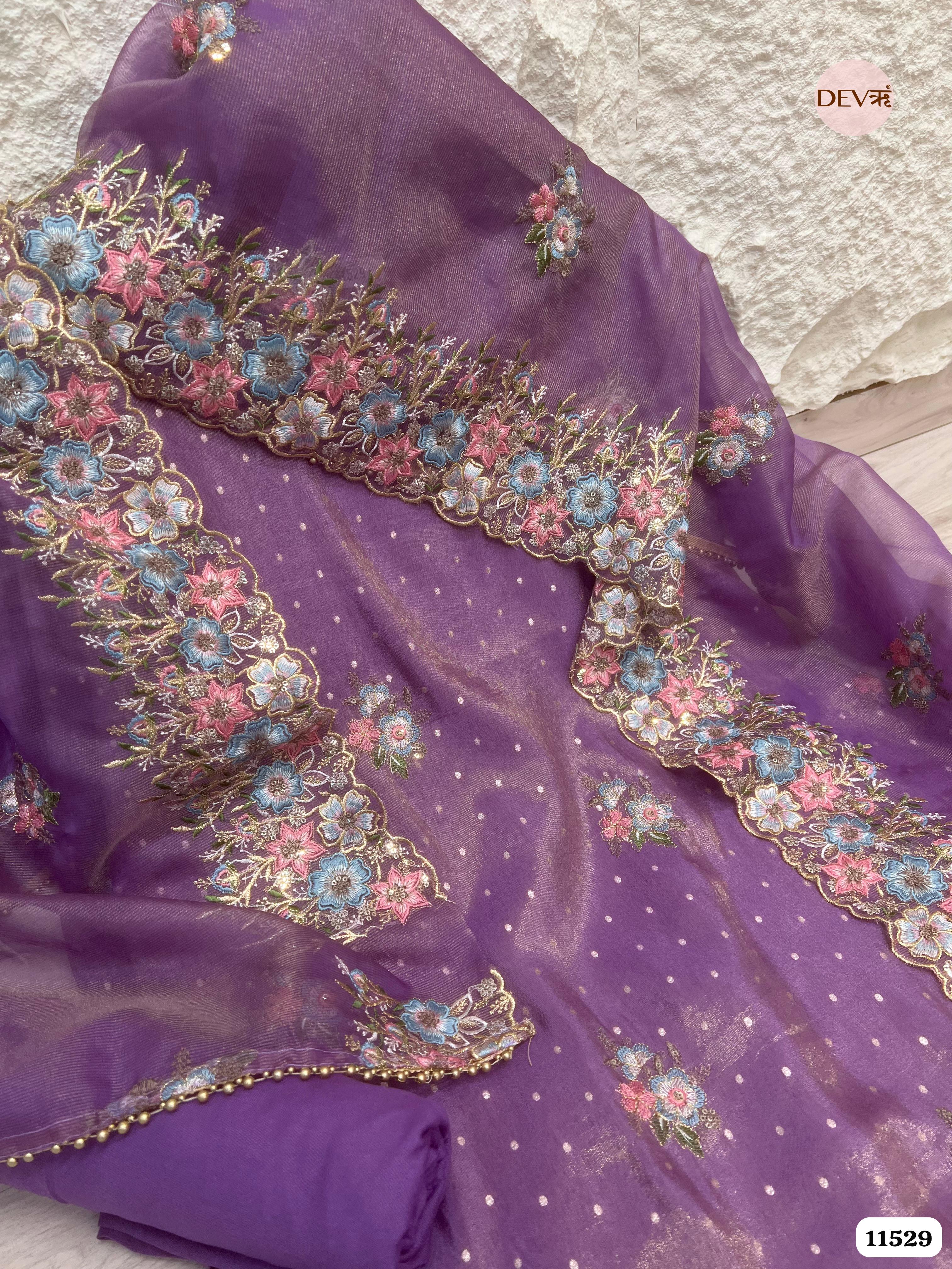 Purple Tissue Silk Unstitched Embroidered -Set Of 3 {11529}