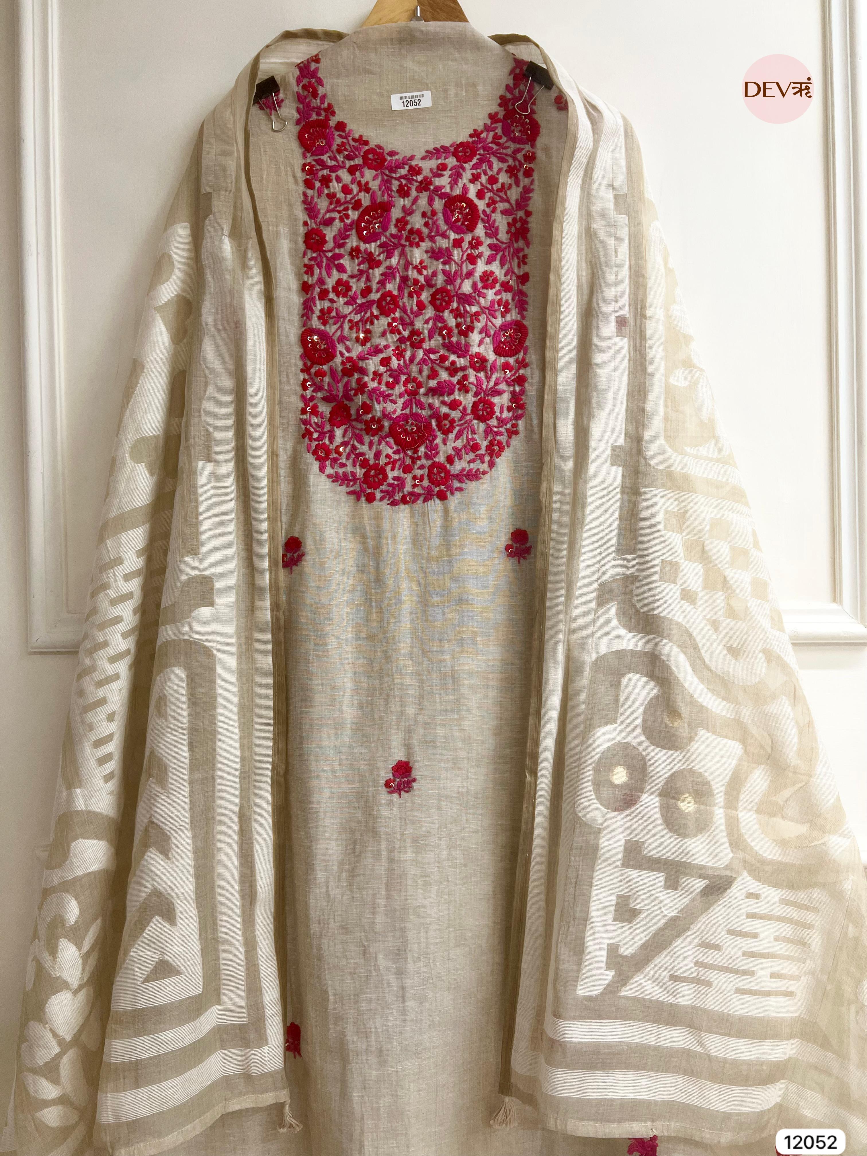 Cream Colour Pure Khadi Silk Unstitched Embroidered -Set Of 3- {12052}