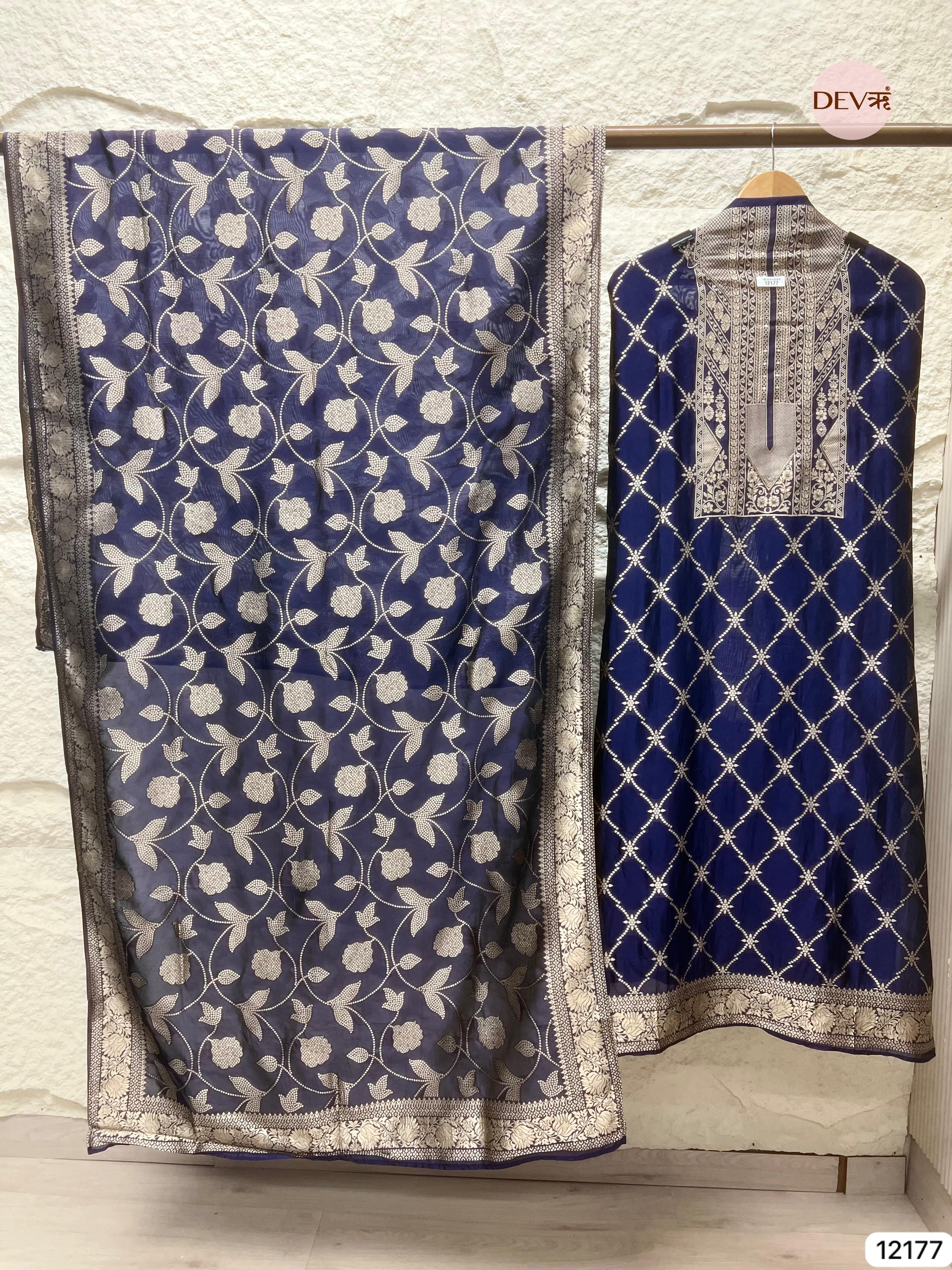 Blue Pure Banarasi Silk Unstitched Hand embroidered- Set of 3 - {12177}