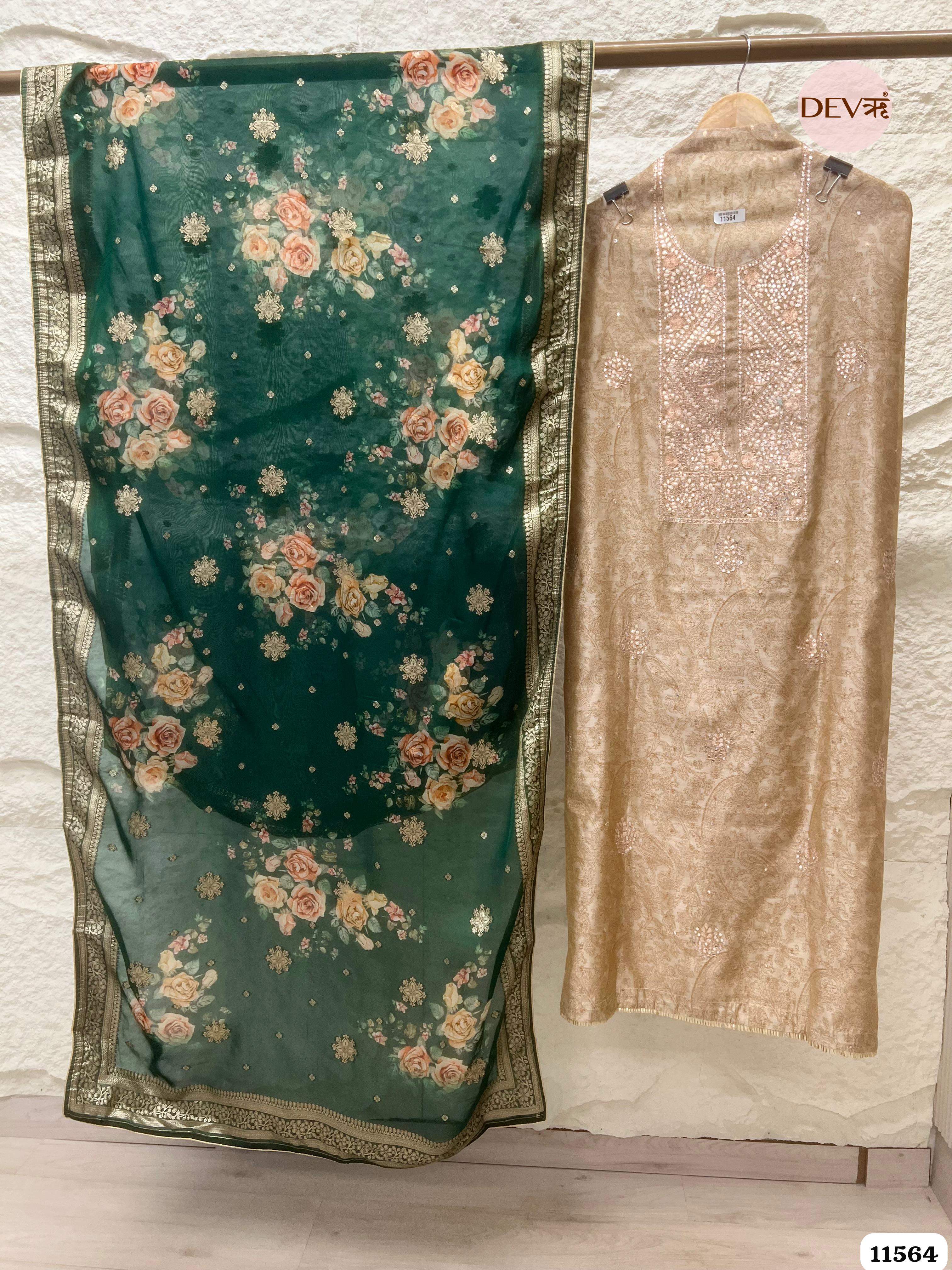 Cream Colour Pure Organza Silk Printed Unstitched Hand Embroidered -Set Of 3 {11564}