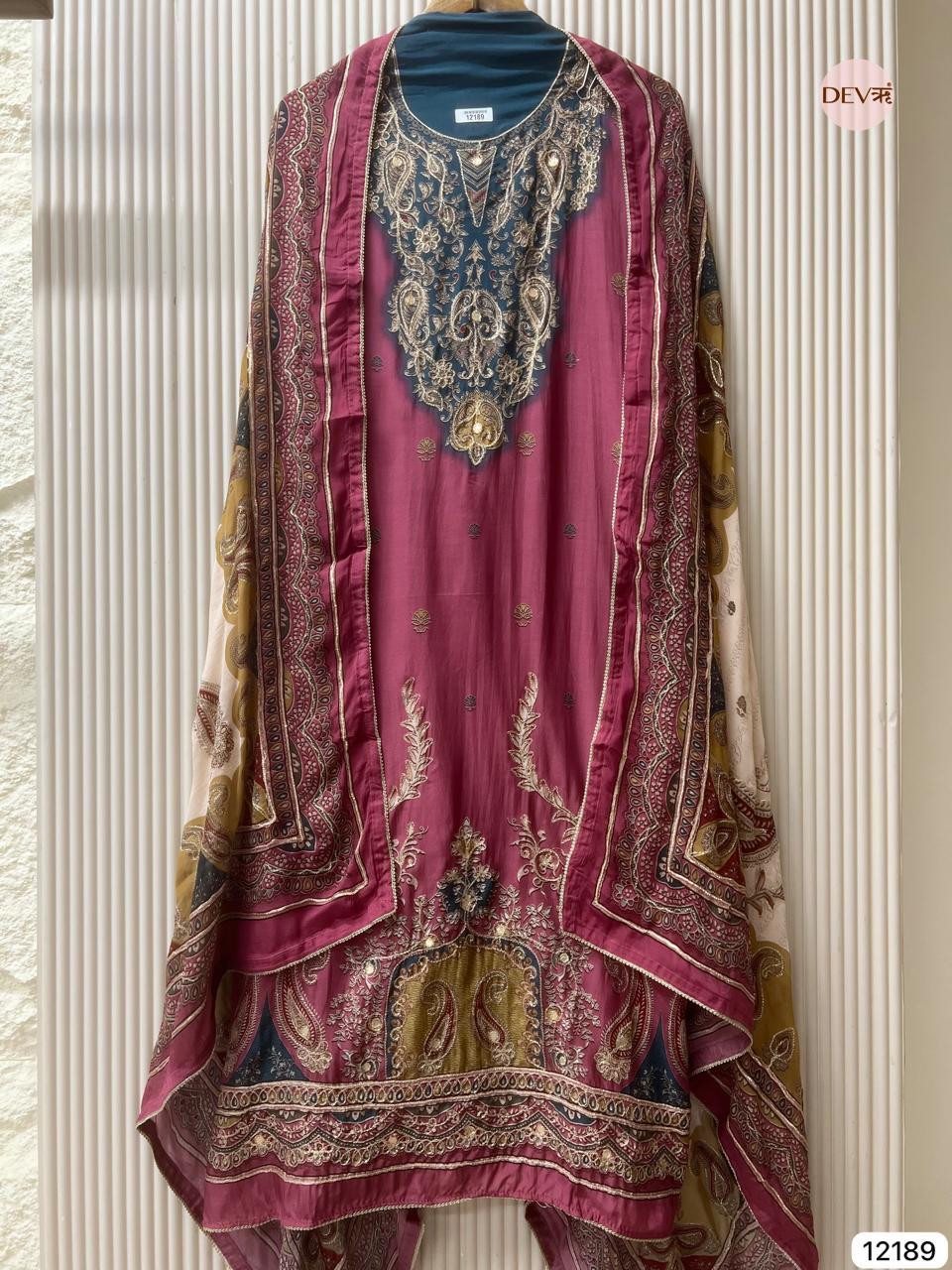 Wine Muslin Embroidered Unstitched 3-Piece Suit (Devri – D.No 12189)