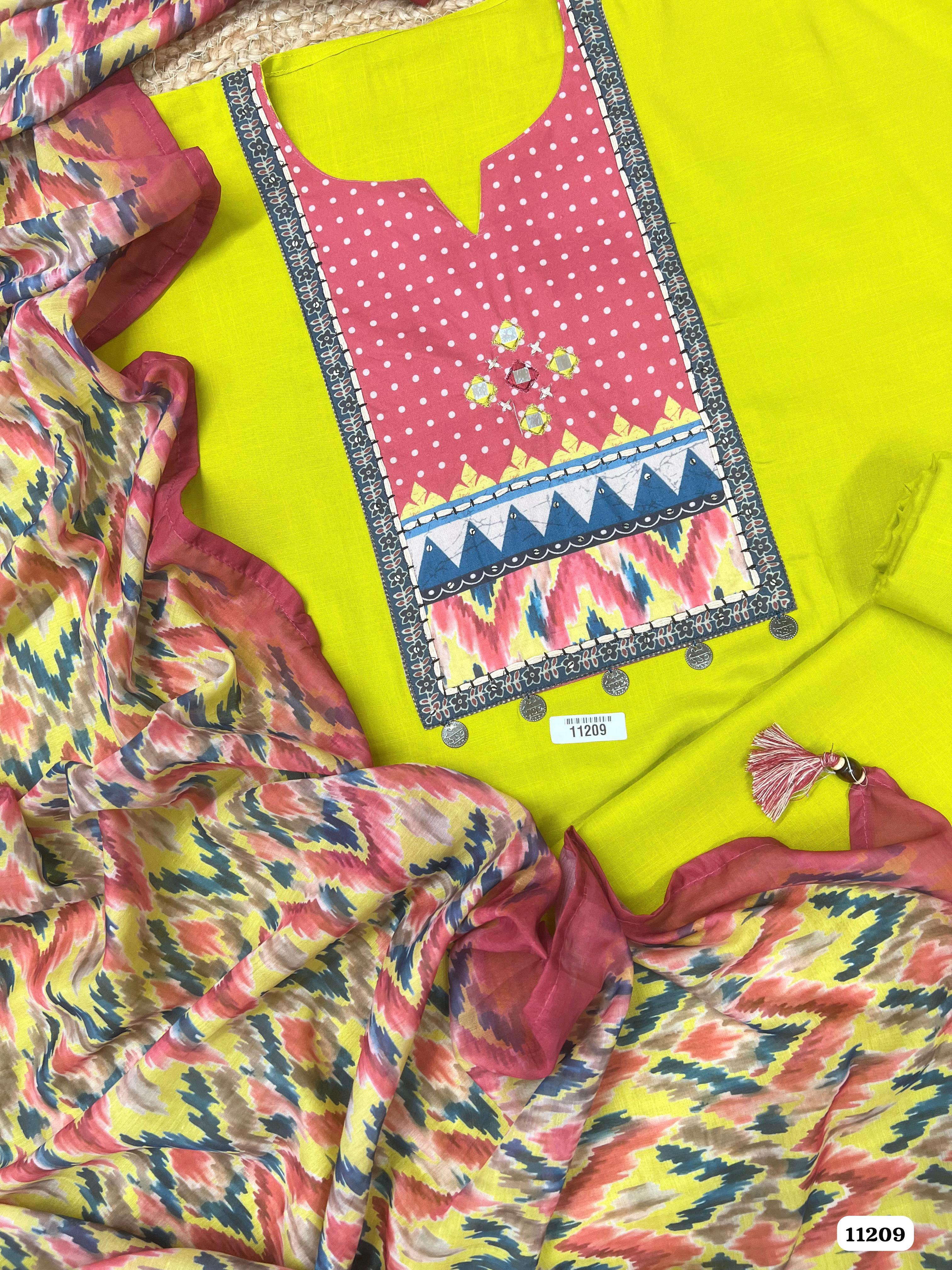 Green Cotton Slub Unstitched Printed -Set Of 3 {11209}