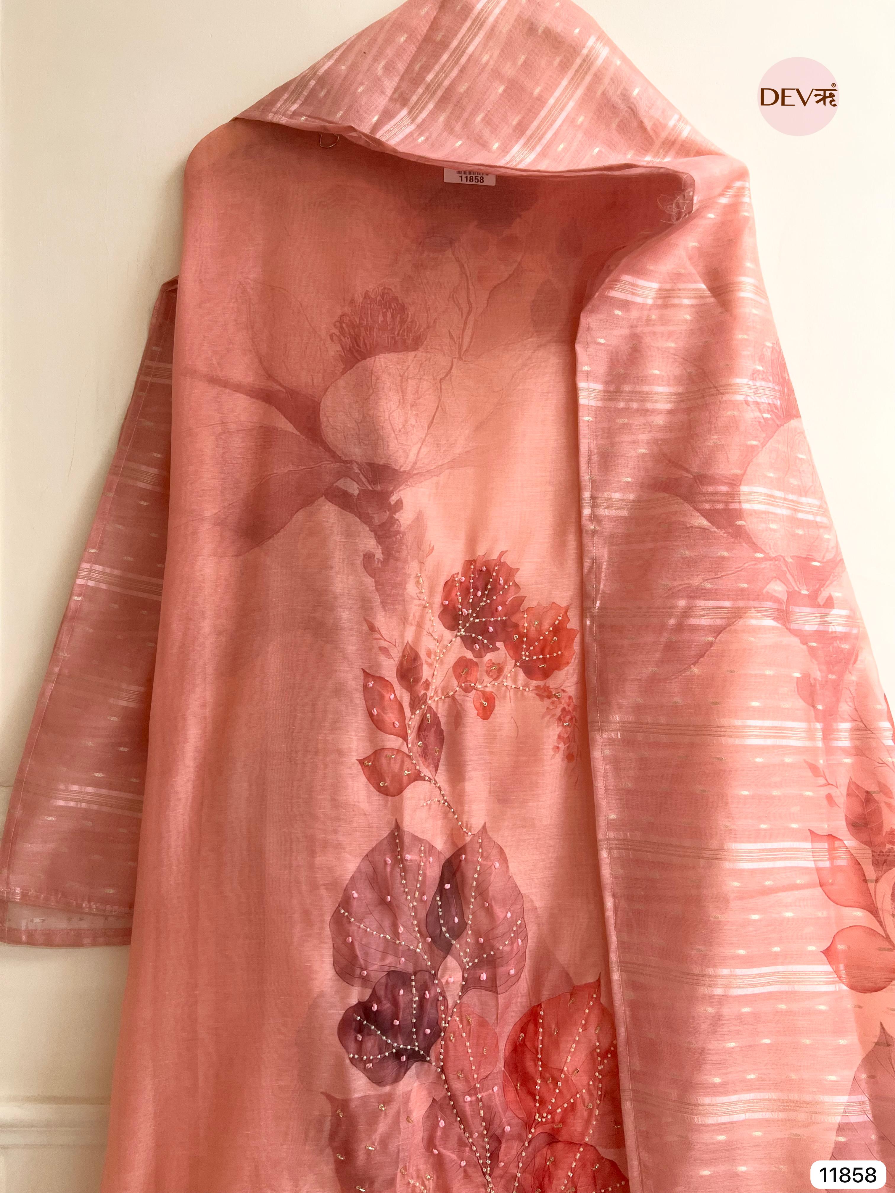 Pink Jamdani Silk Unstitched Printed Woven Hand Embroidered -Set Of 3- {11858}