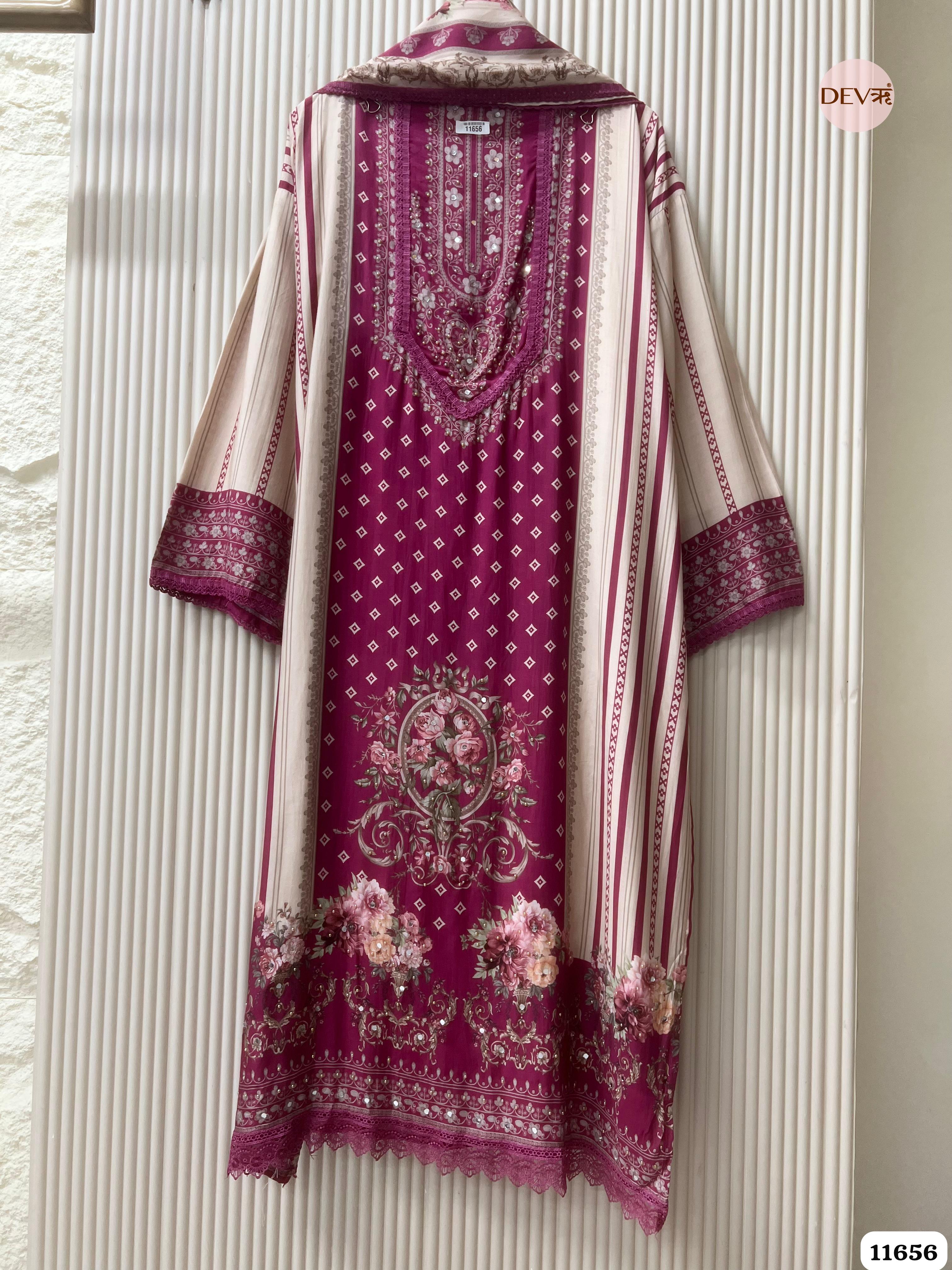 Magenta Pink Muslin Printed Semi Stitched Hand Embroidered -Set Of 3 {11656}