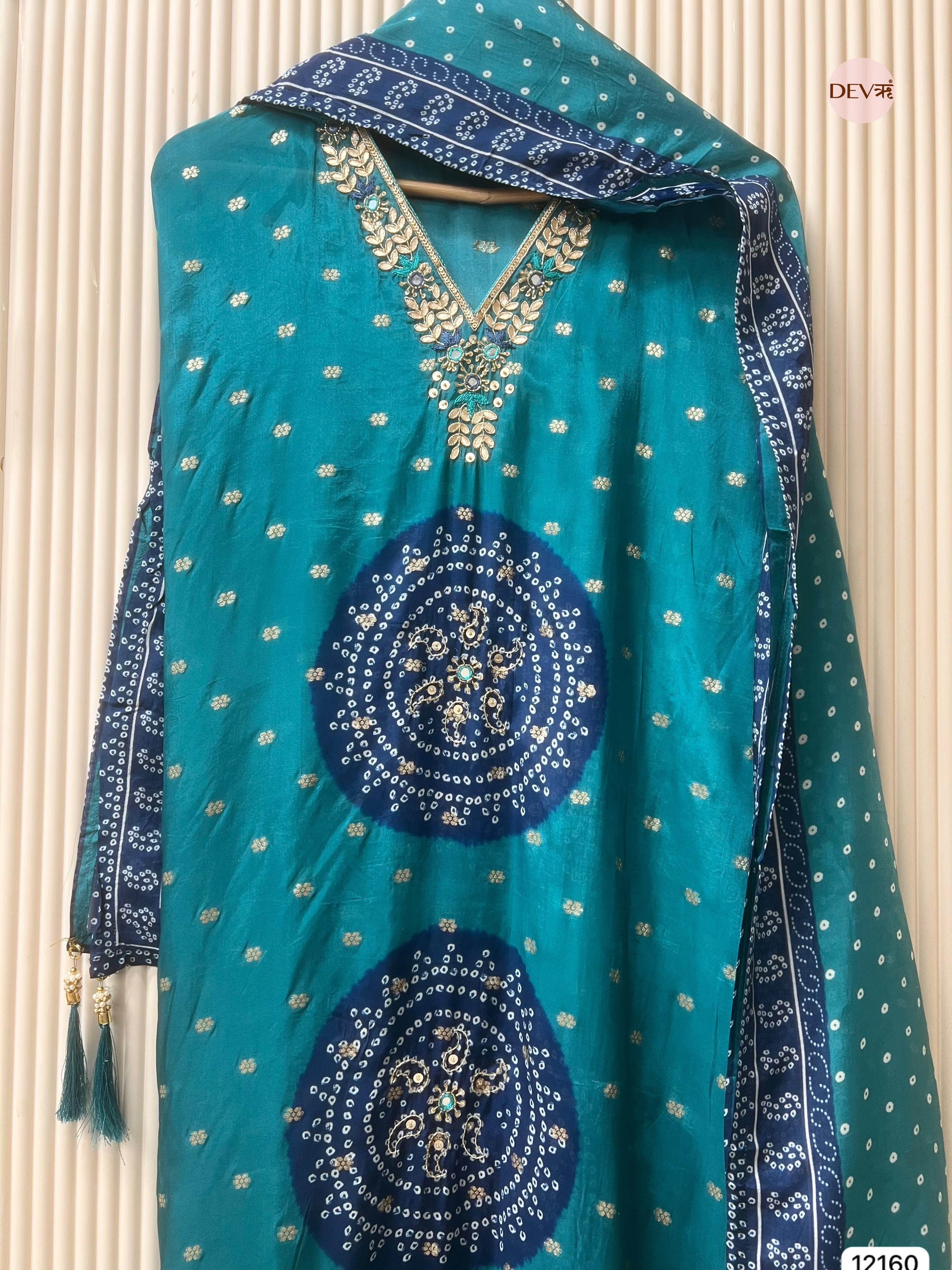 Blue Pure Shimmer Organza Silk Unstitched Banarasi Woven Bandhani Printed Hand Embroidered -Set Of 3 - {12160}