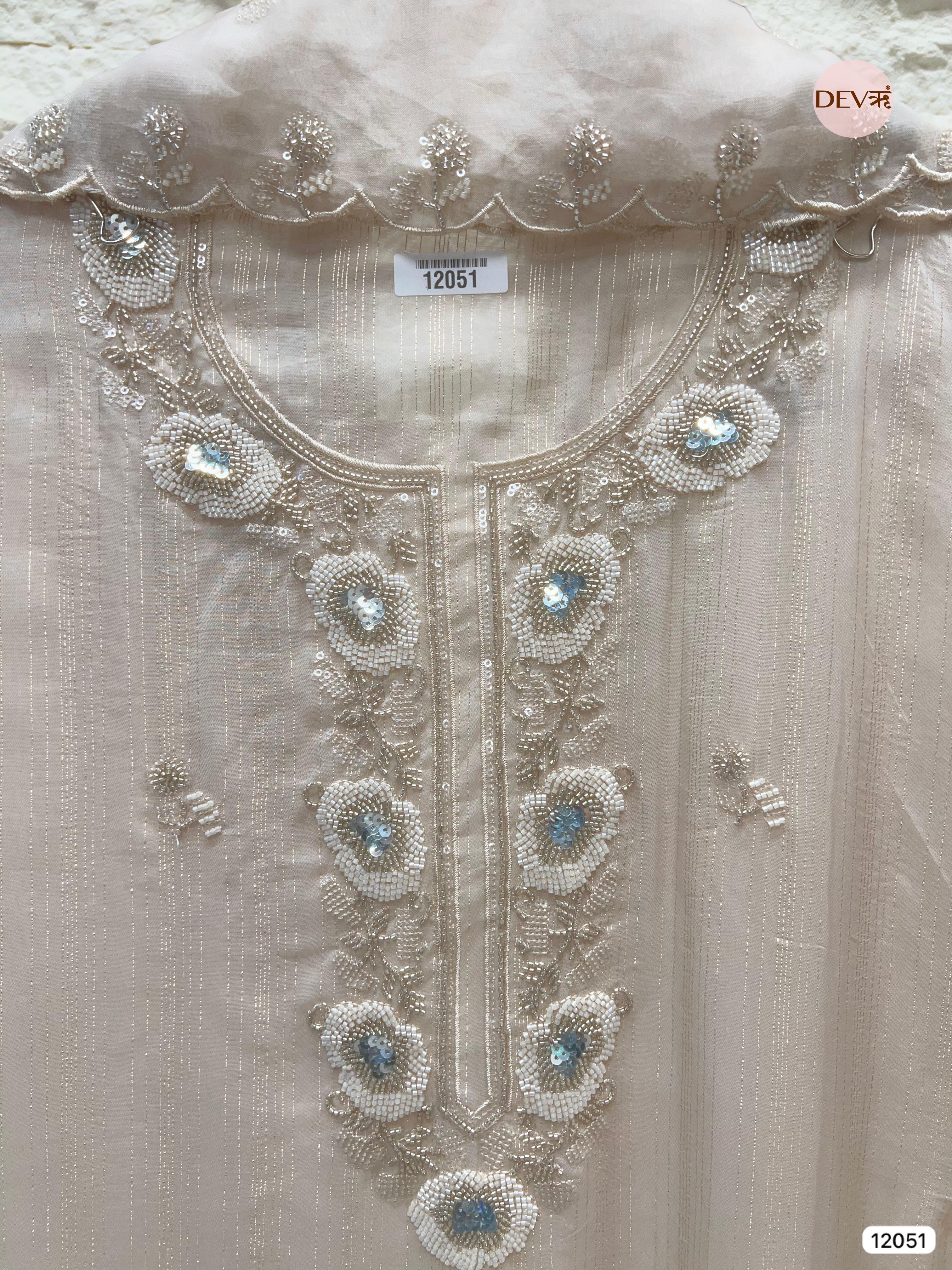 Off White Pure Organza Woven Unstitched Hand Embroidered -Set Of 3 - {12051}