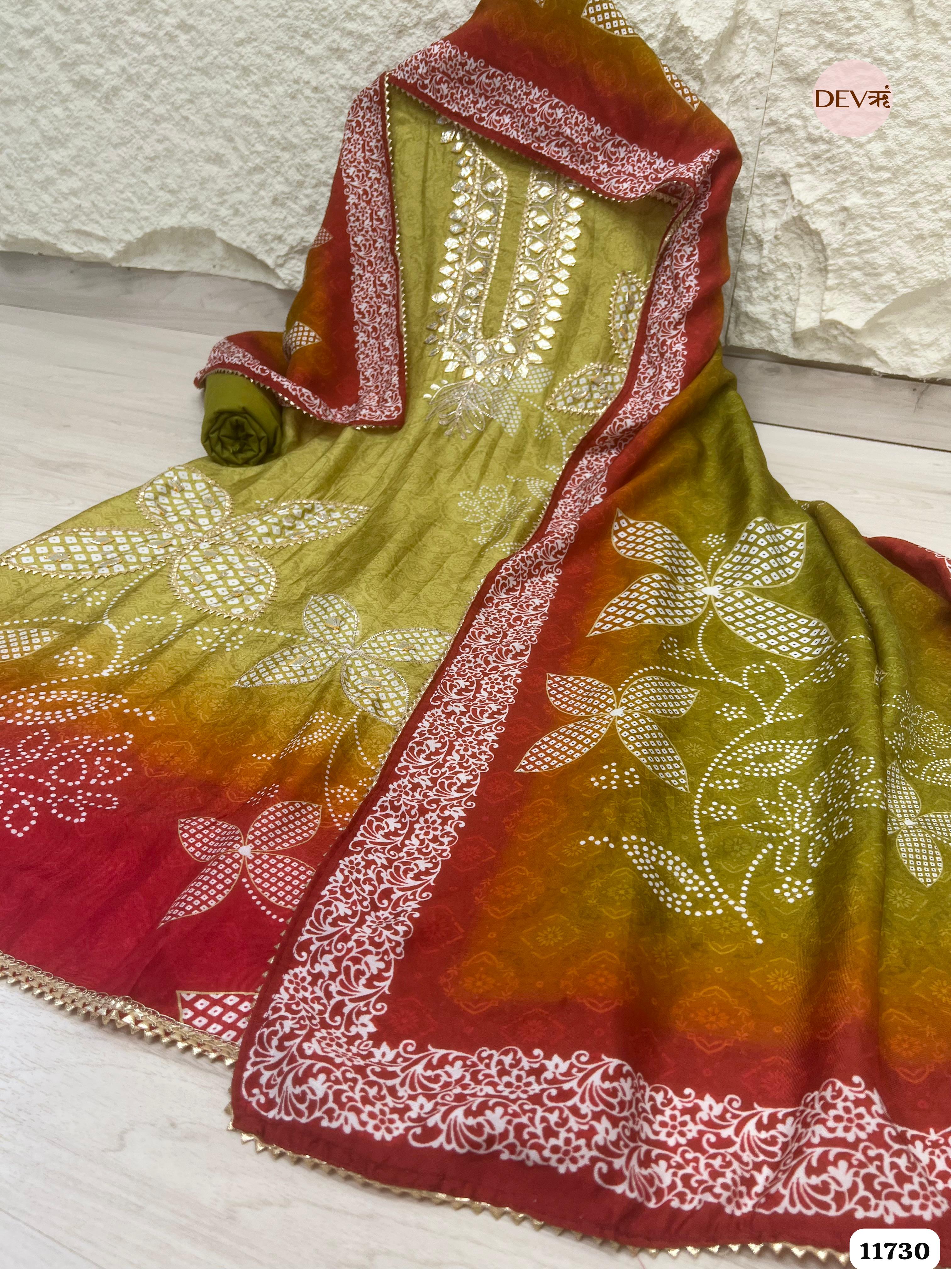 Green Russian Silk Semi Stitched Printed Hand Embroidered -Set Of 3- {11730}