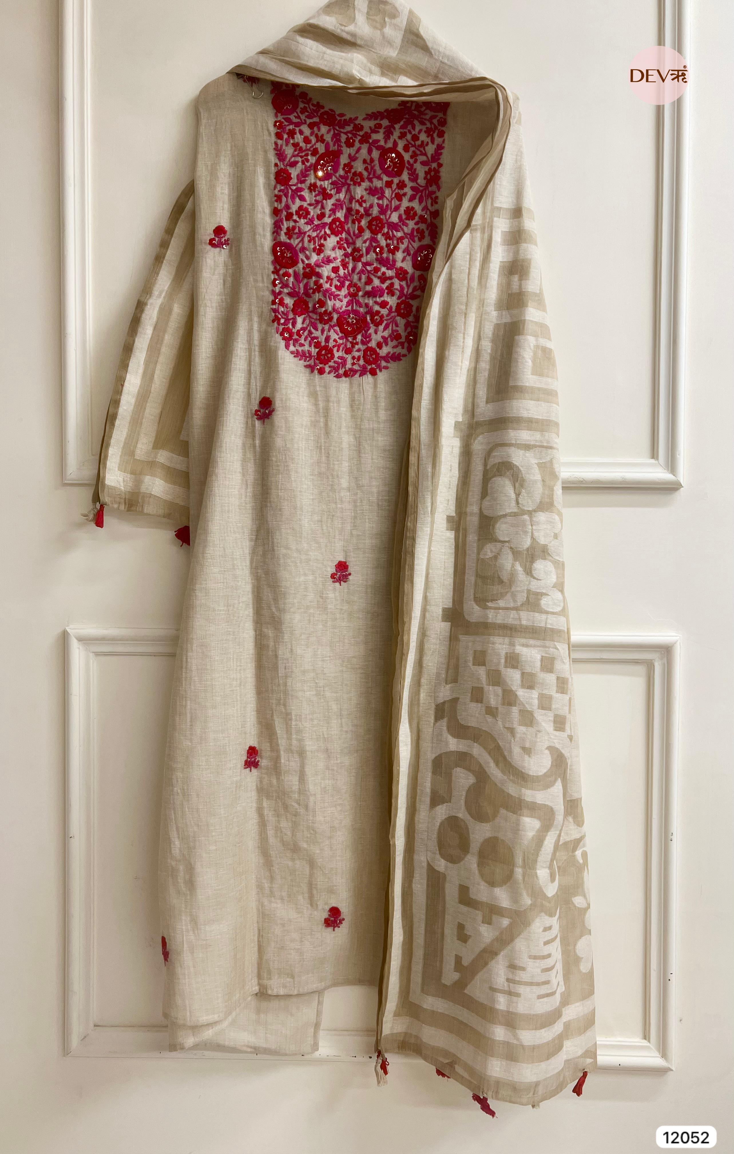 Cream Colour Pure Khadi Silk Unstitched Embroidered -Set Of 3- {12052}