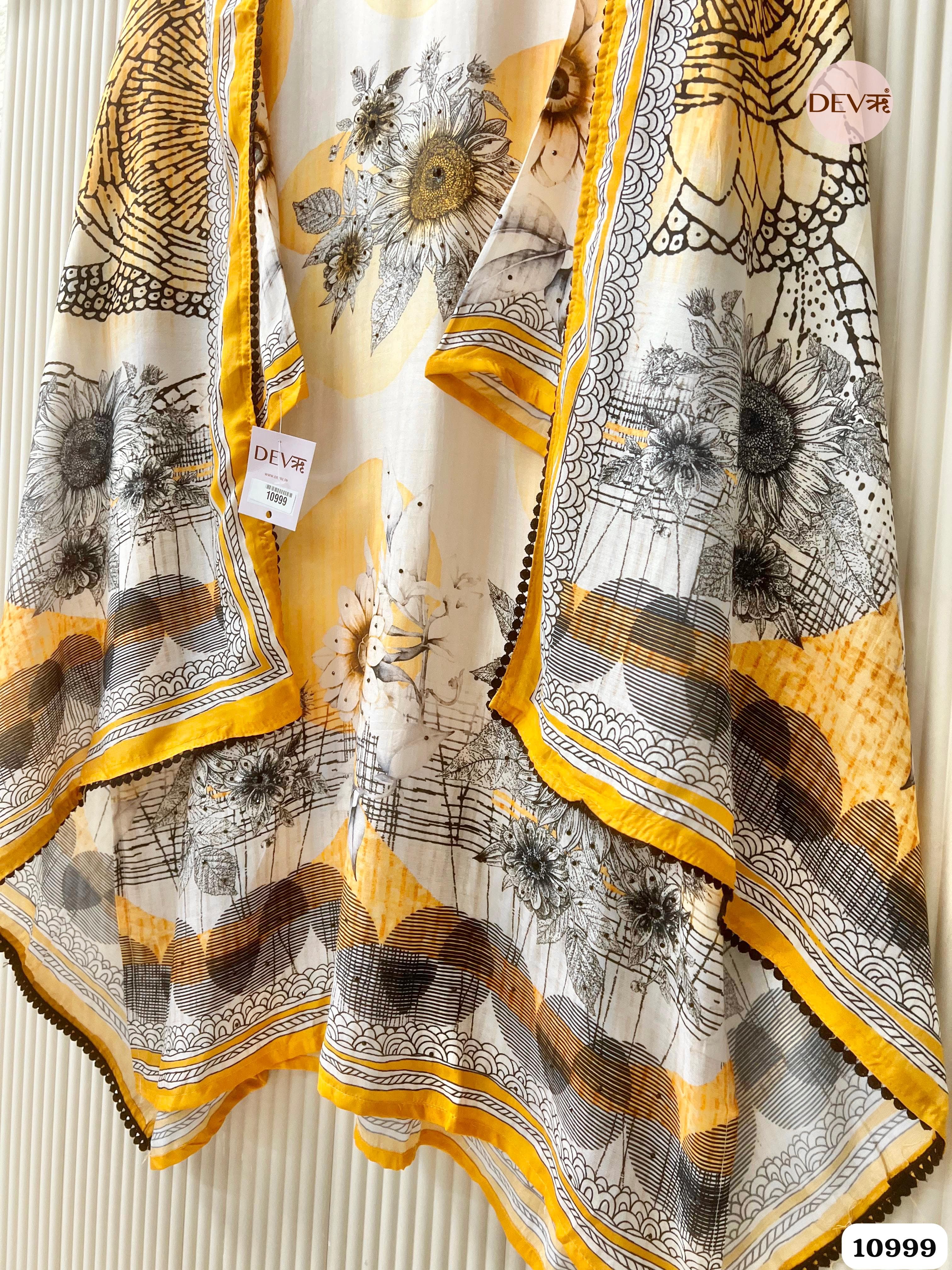 Yellow Muslin Semi Stitched Printed Hand Embroidered -Set Of 3 {10999}