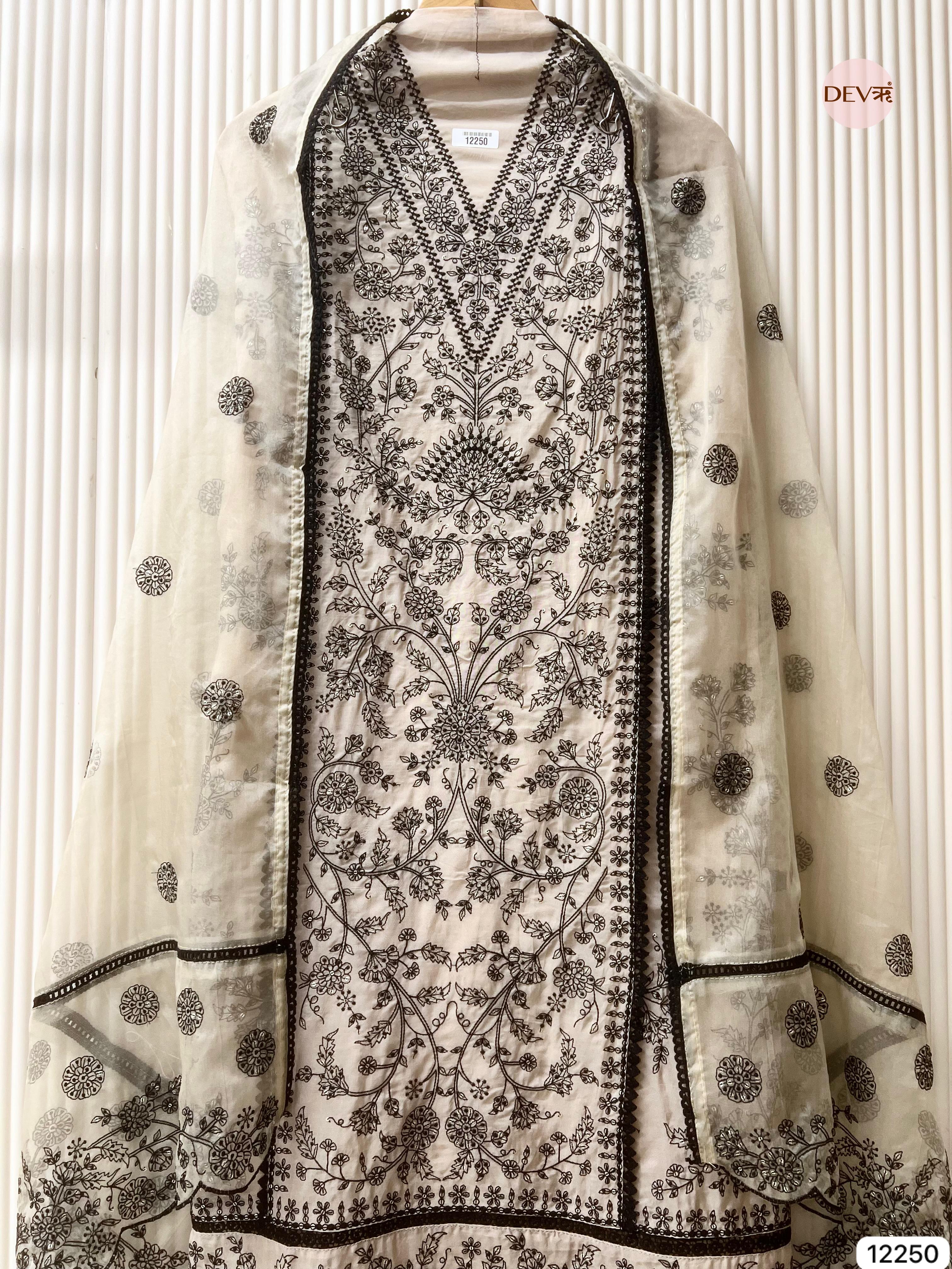 Ivory Pure Organza Embroidered Unstitched 3-Piece Suit (Devri – D.No 12250)