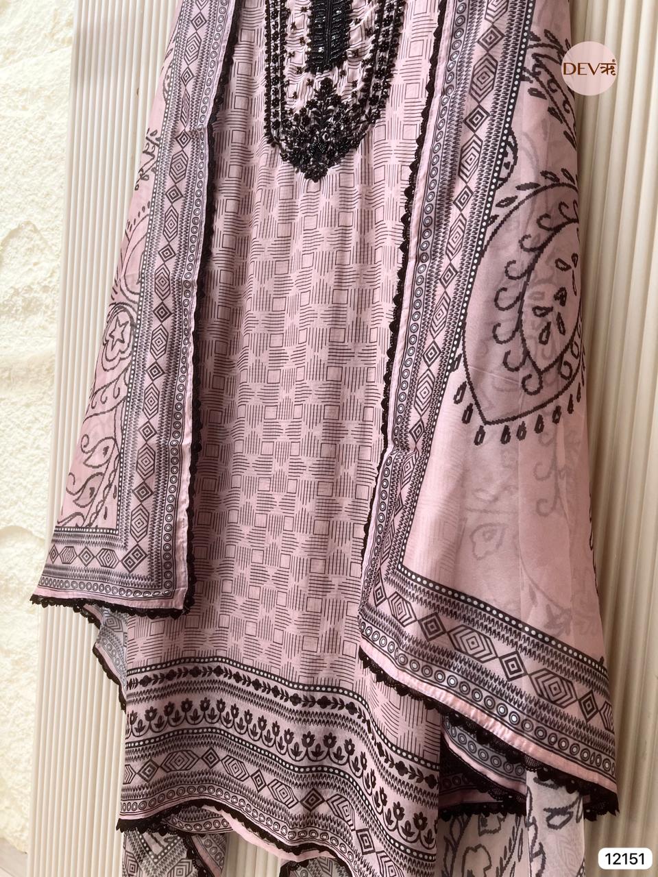 Light Pink Pure Organza Unstitched Printed Hand Embroidered -Set Of 3- {12151}