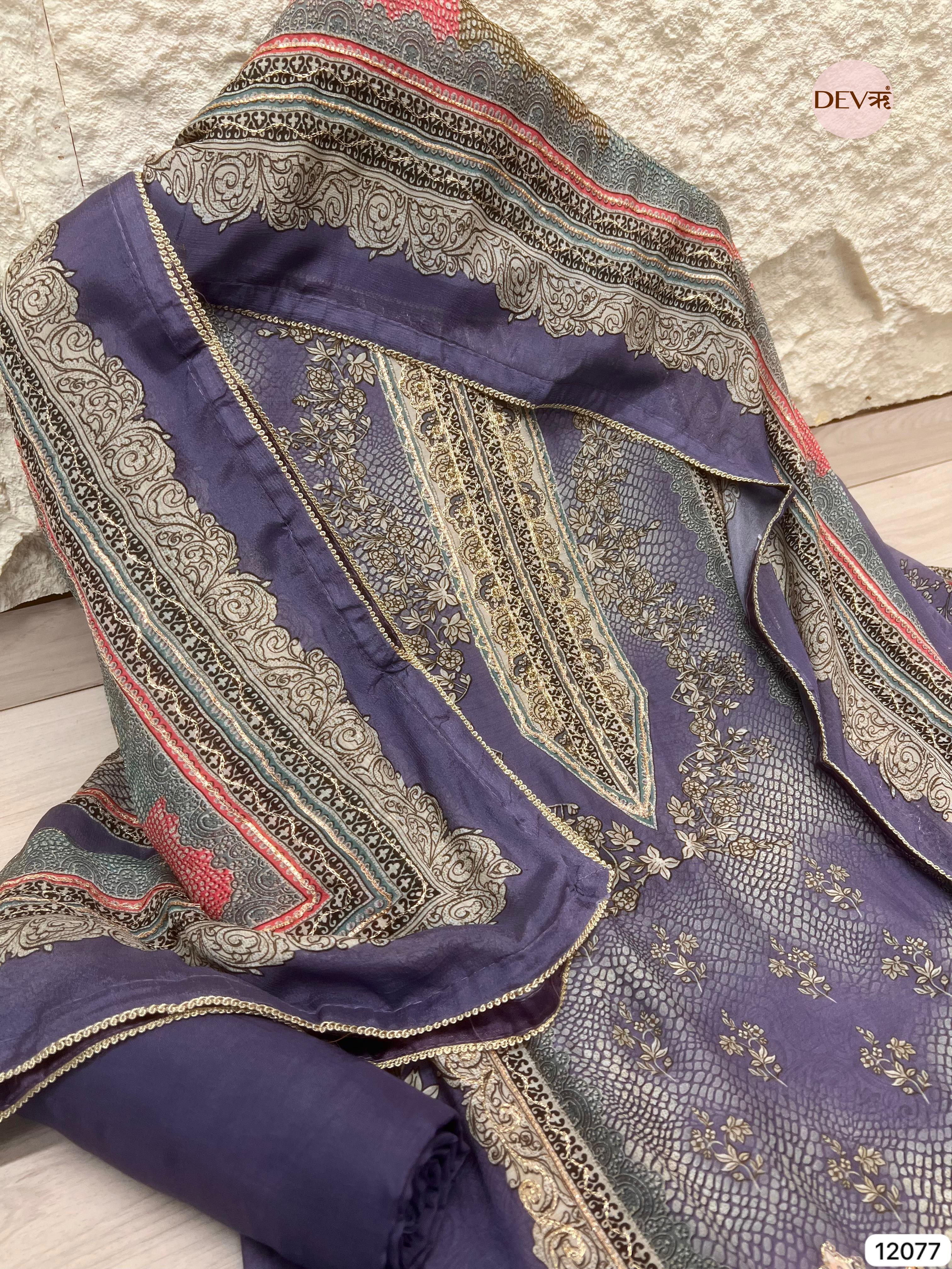 Purple Pure Muslin Unstitched Printed With Hand Zardosi Embroidery -Set Of 3 - {12077}