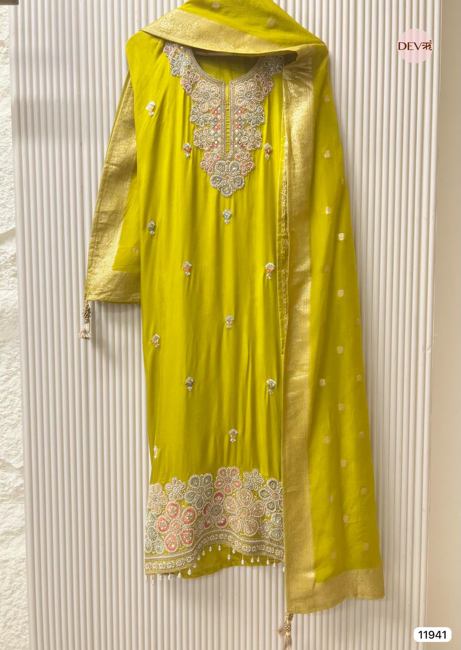 Yellow Pure Russian Silk Unstitched Hand Embroidered -Set Of 3- {11941}