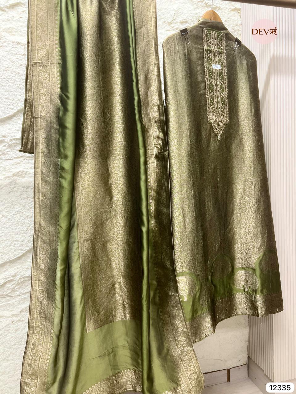 Olive Green Pure Banarasi Silk Embroidered Unstitched 3-Piece Suit (Devri – D.No 12335)