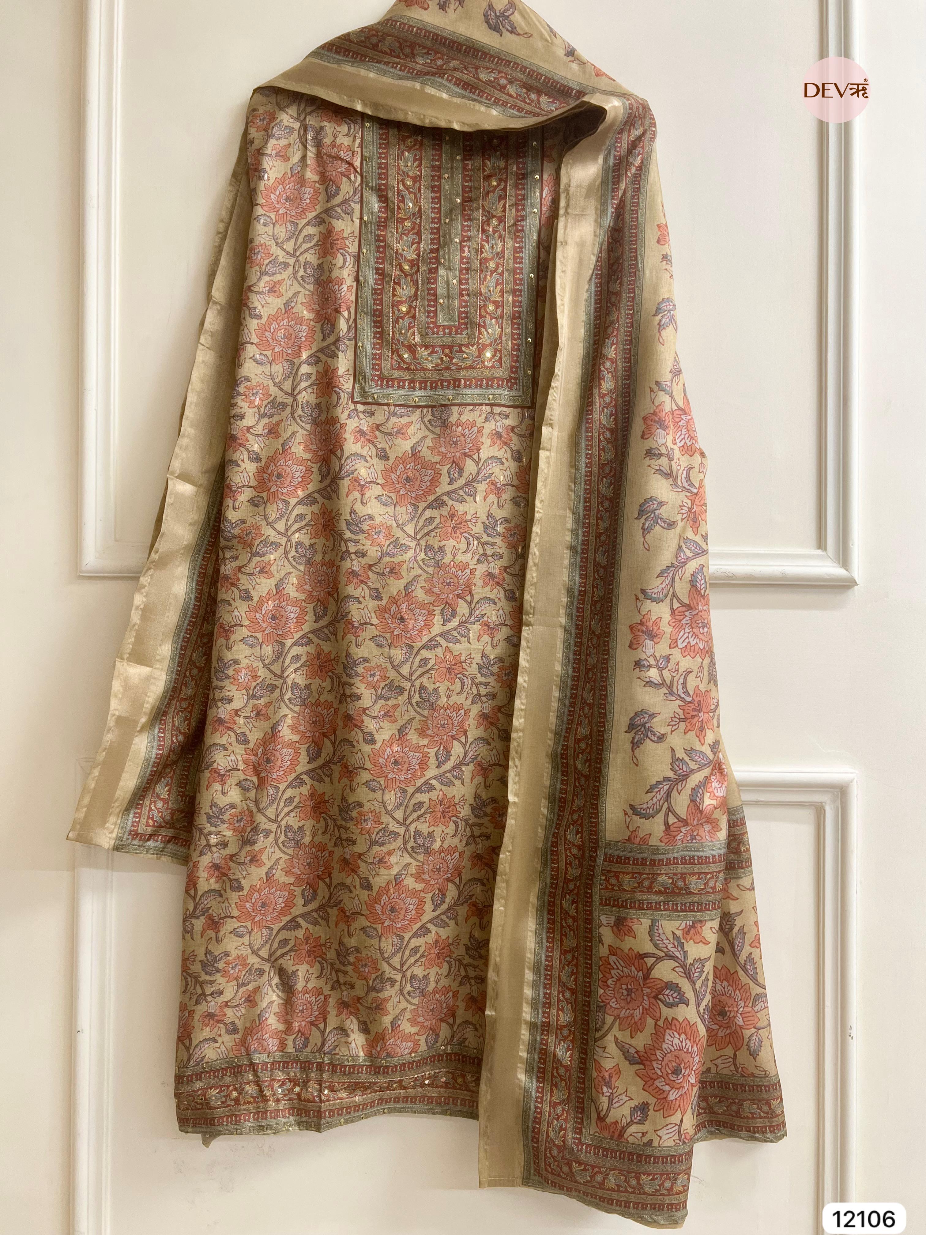 Multi Colour Tisser Khadi Silk Printed Unstitched Hand Embroidered -Set Of 3 - {12106}