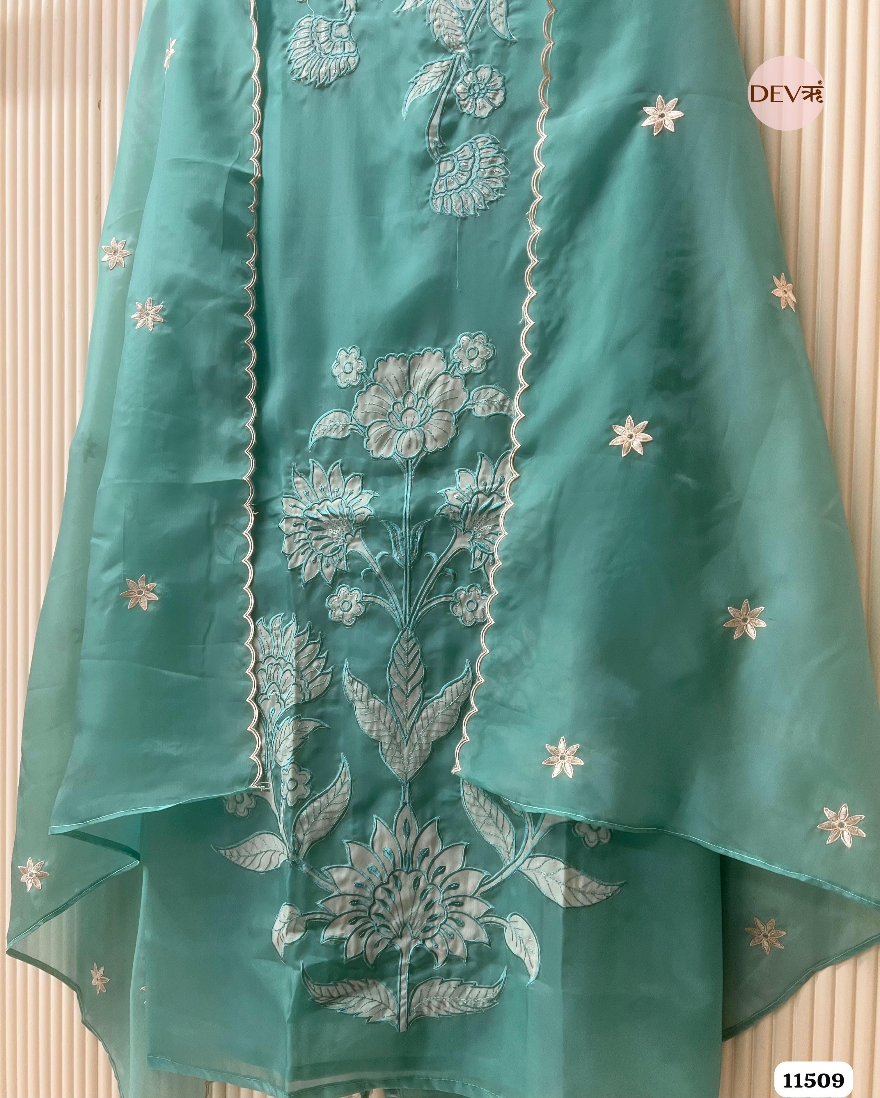 Green Organza silk Unstitched Embroidered -Set Of 3 {11509}