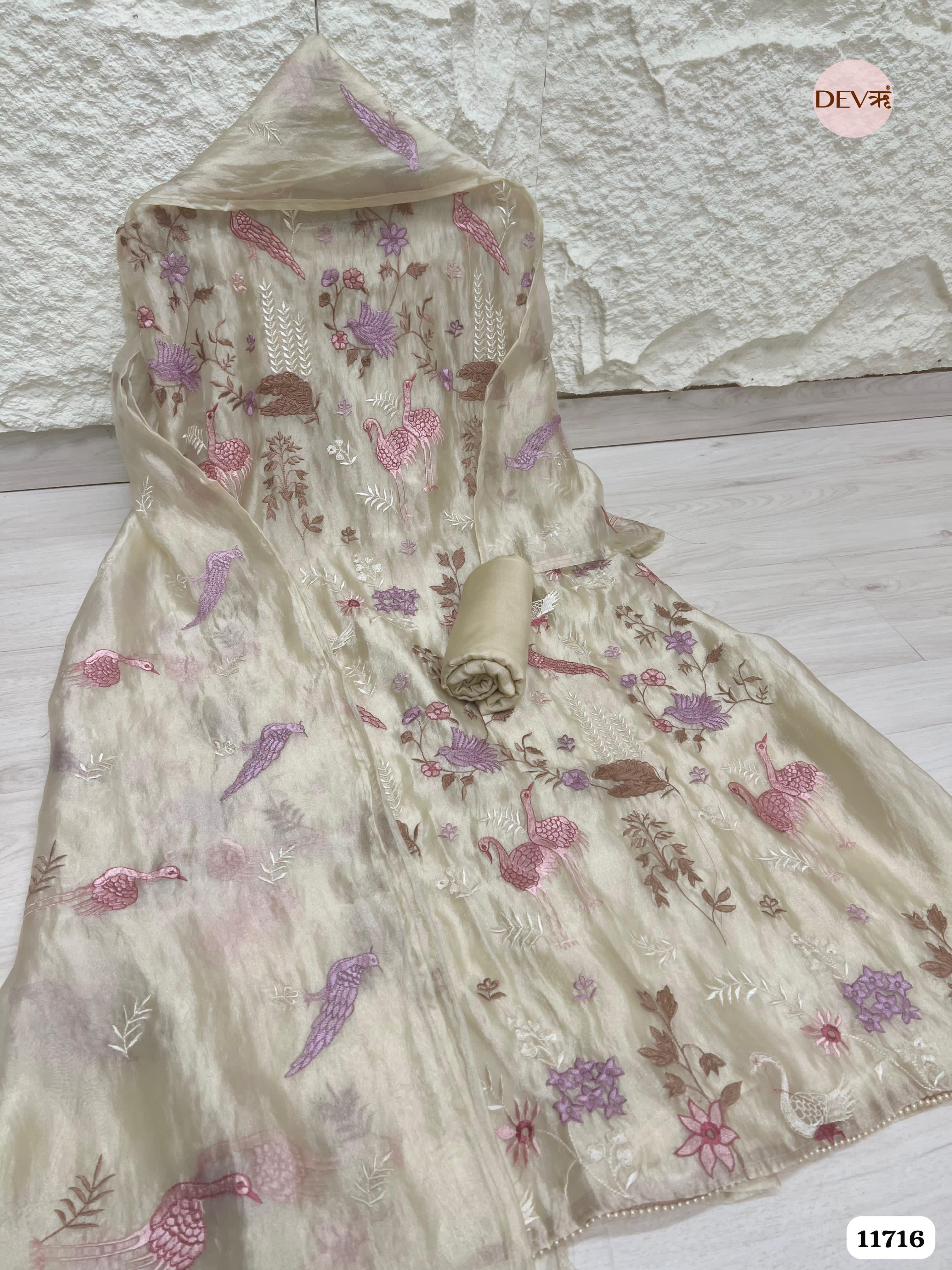 Creamy White Tissue Organza Silk Unstitched Embroidered -Set Of 3 - {11716}