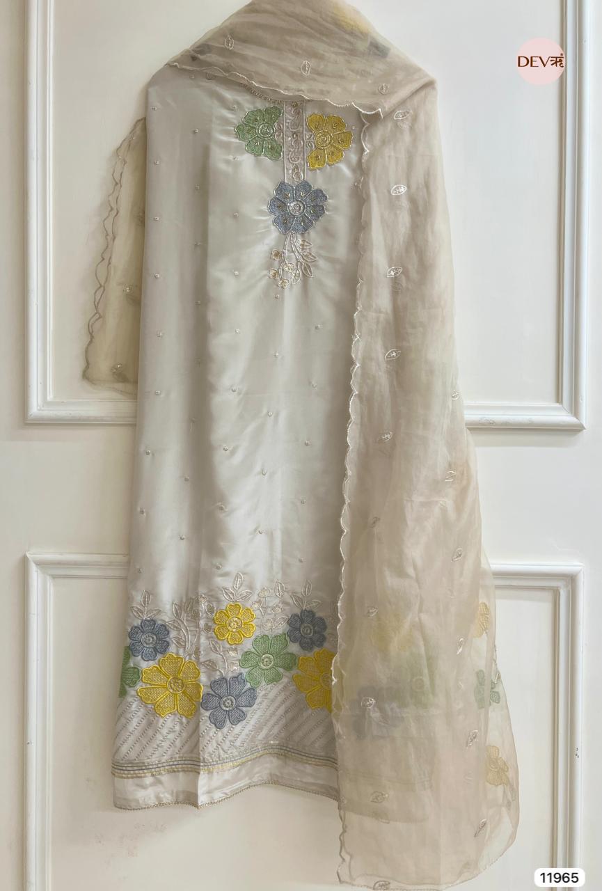 Off White Tissue Shimmer Silk Unstitched Embroidered -Set Of 3 - {11965}
