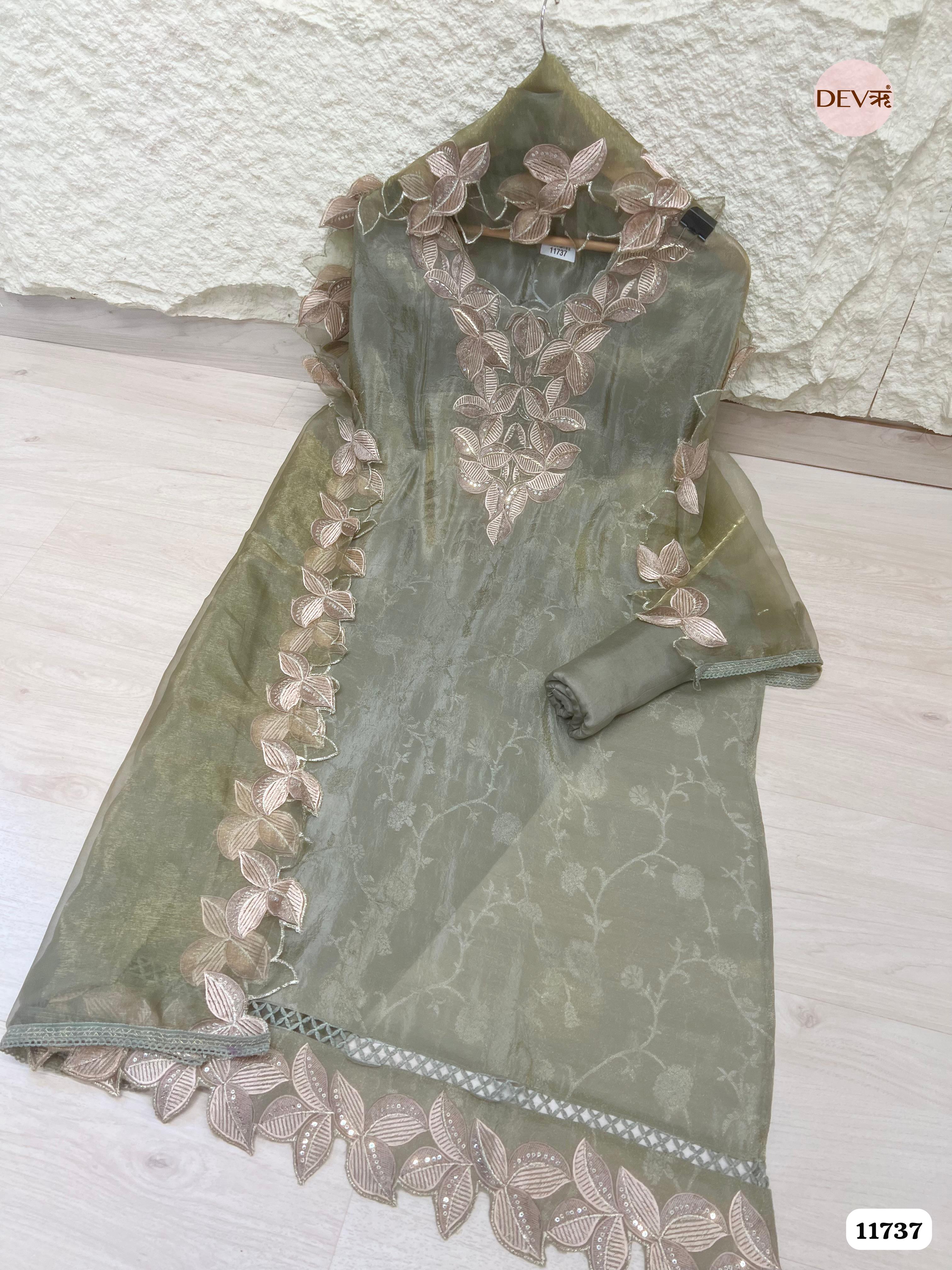 Green Tissue Silk Woven Unstitched Embroidered -Set Of 3 {11737}