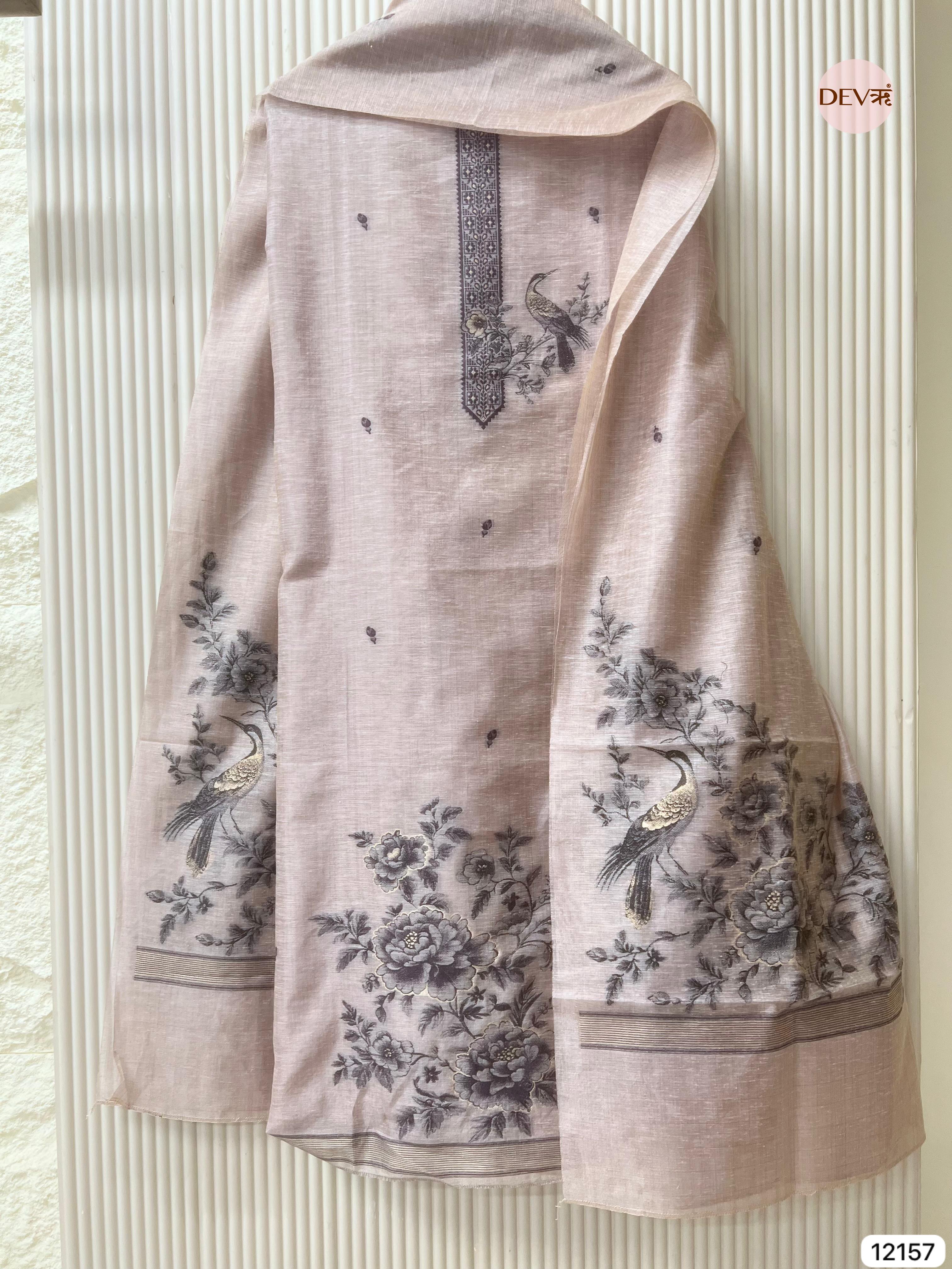 Light Brown Pure Jamdani Linen Unstitched -Set Of 3 - {12157}