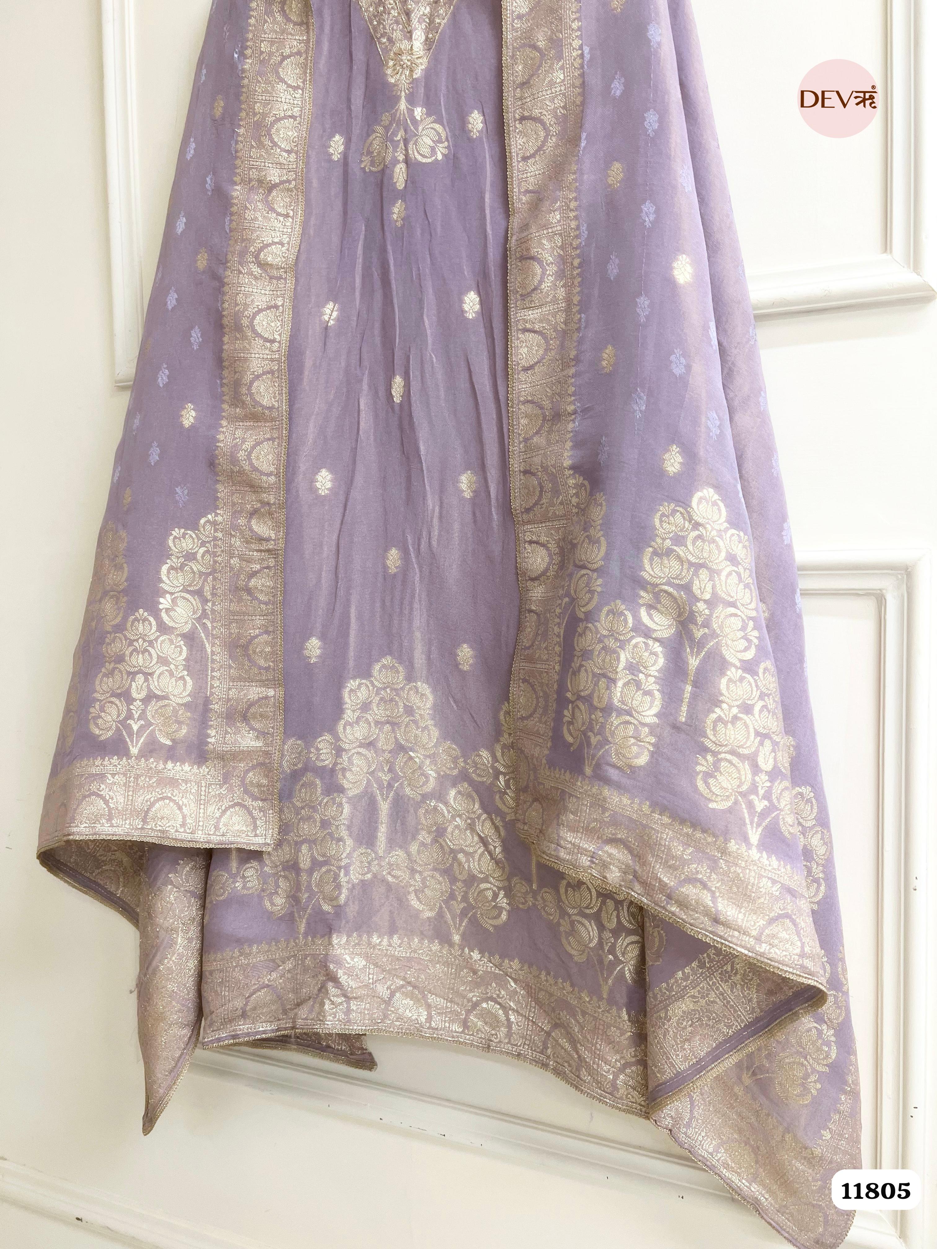 Purple Tissue Silk Unstitched Banarasi Weave Hand Embroidered -Set Of 3 {11805}