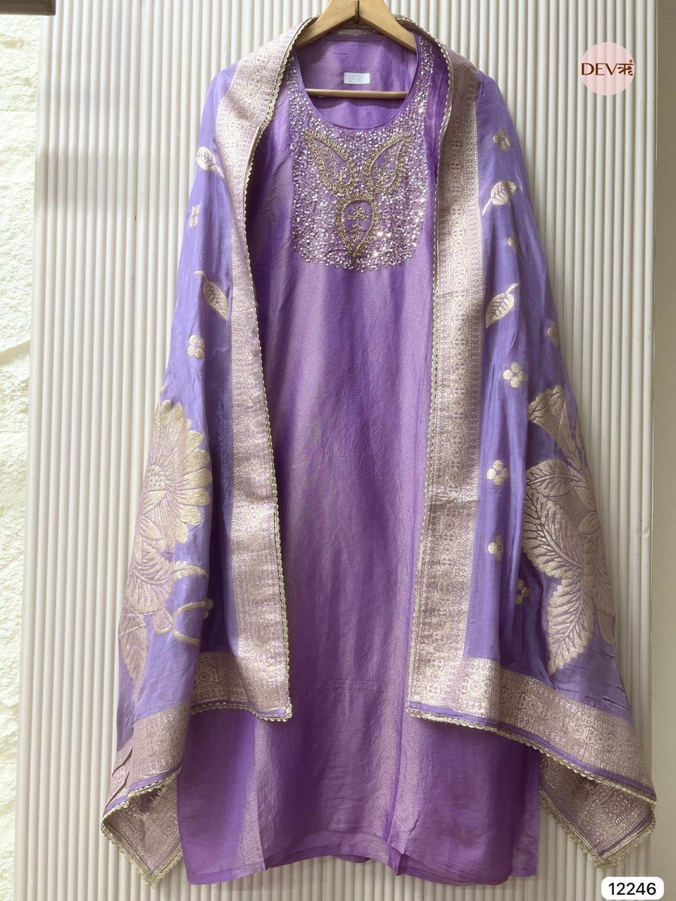 Lavender Tissue Shimmer Silk Embroidered Unstitched 3-Piece Suit (Devri – D.No 12246)