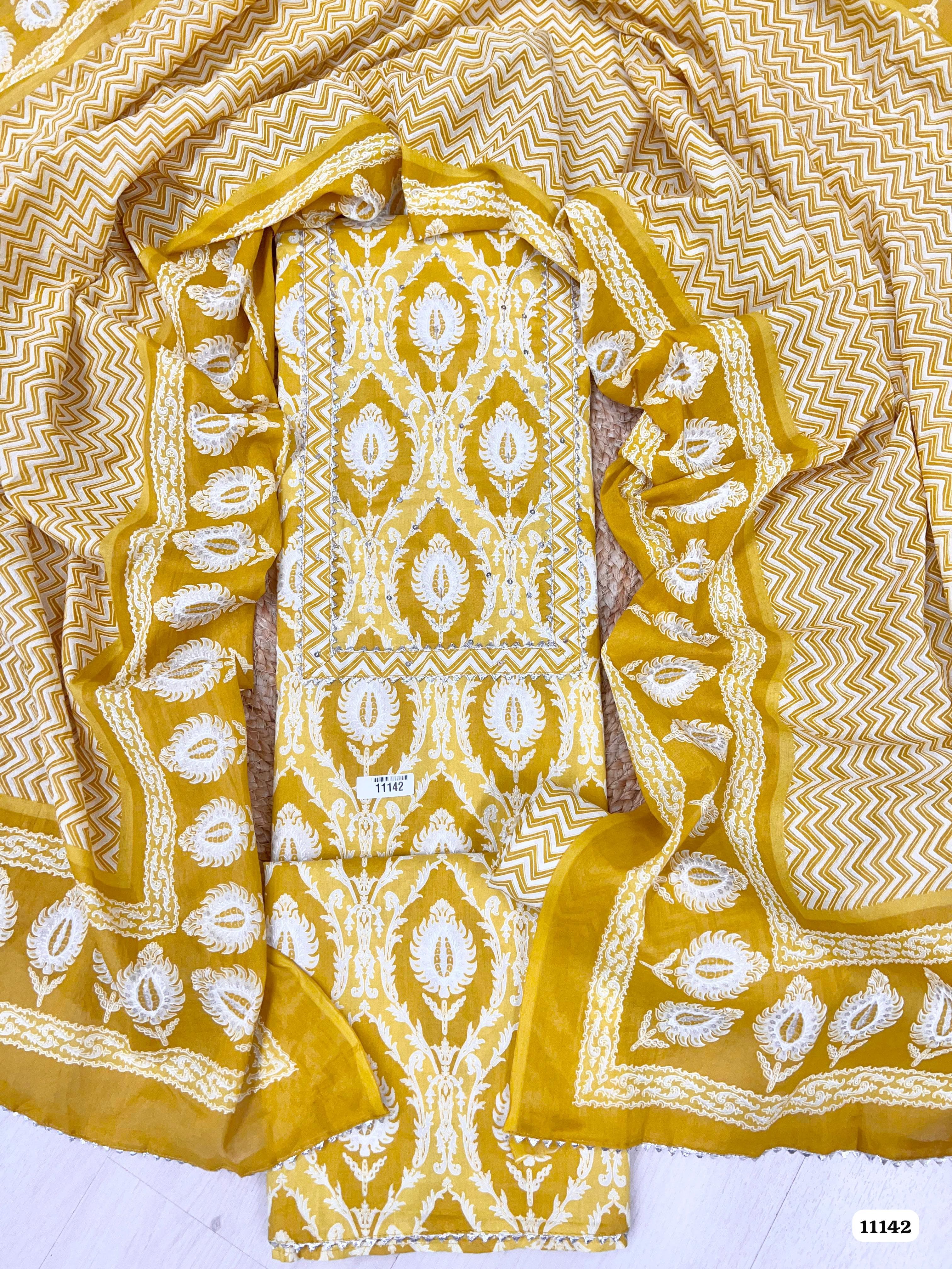 Yellow Cotton Printed Unstitched Hand Embidered -Set Of 3 {11142}