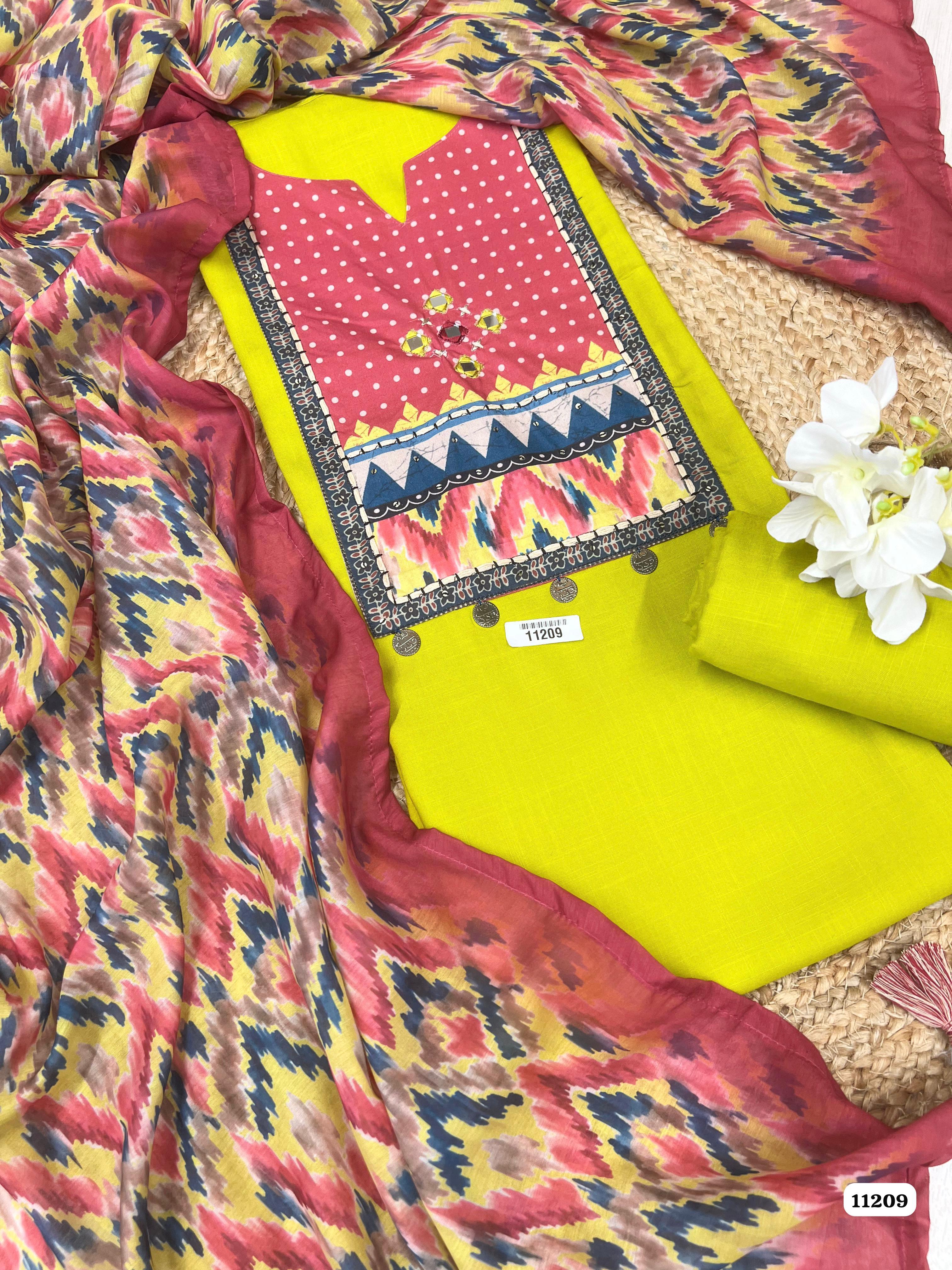 Green Cotton Slub Unstitched Printed -Set Of 3 {11209}